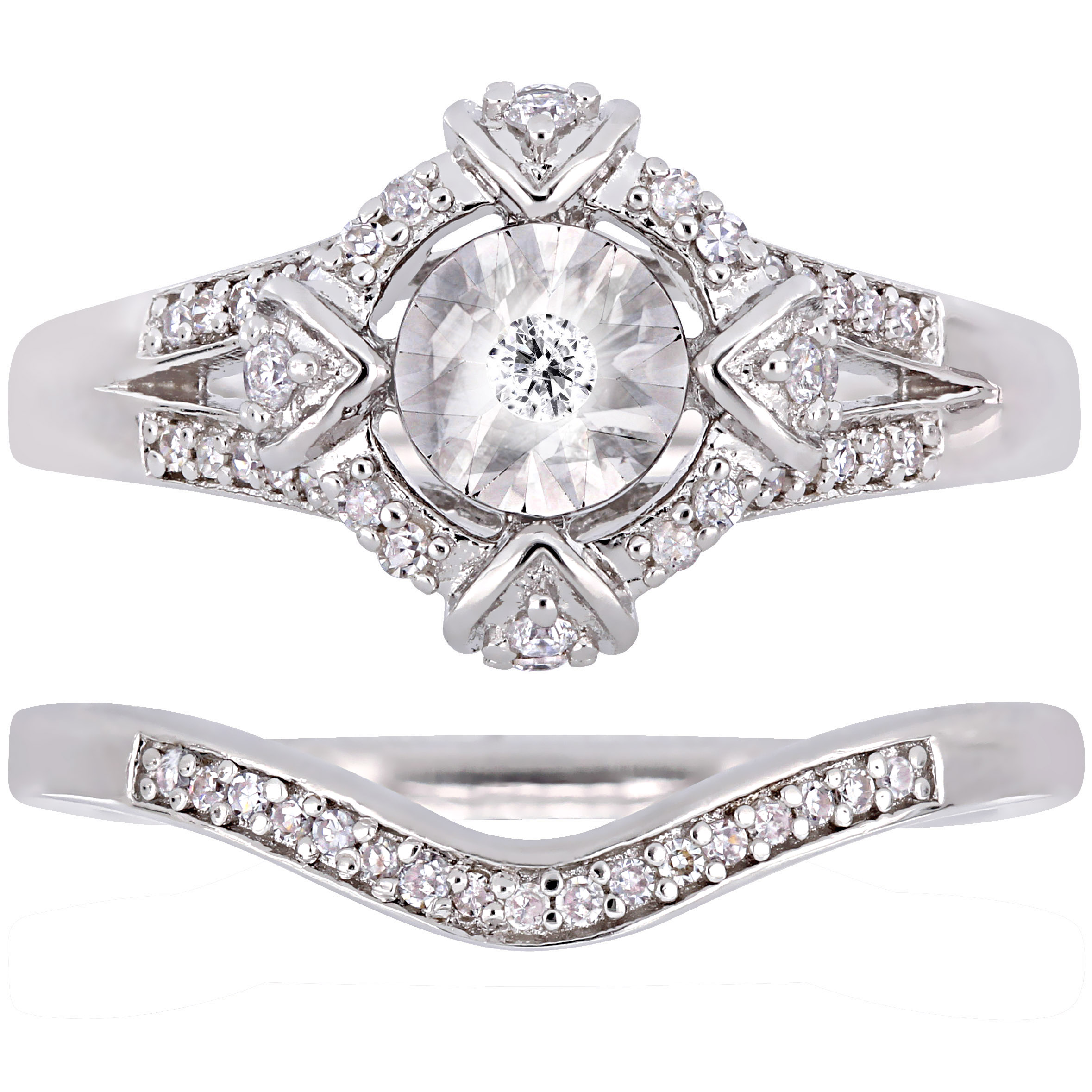 Sterling Silver Diamond Halo Bridal Ring Set | eBay