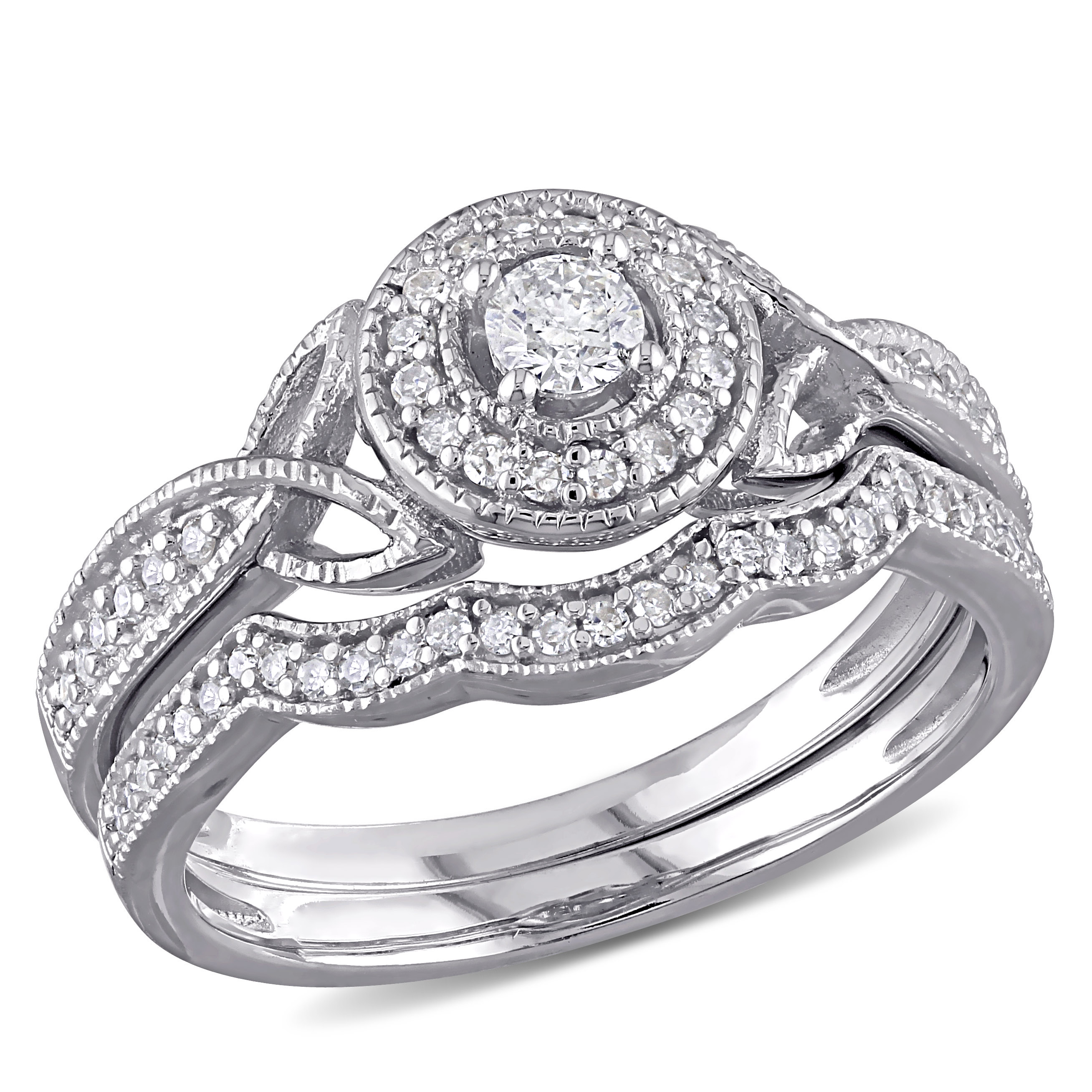 Sterling Silver Diamond Crossover Halo Bridal Ring Set eBay