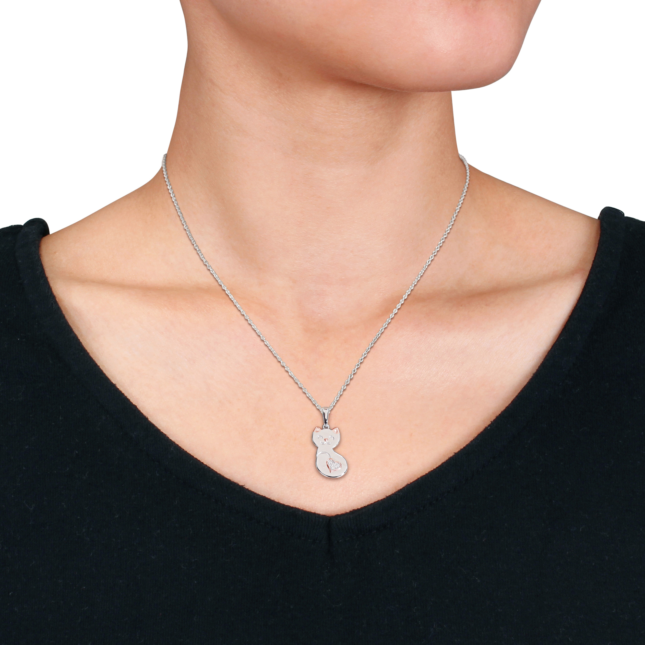 Diamond Accent Cat Heart Pendant with Chain in Two-Tone Sterling Silver - 18 in-3