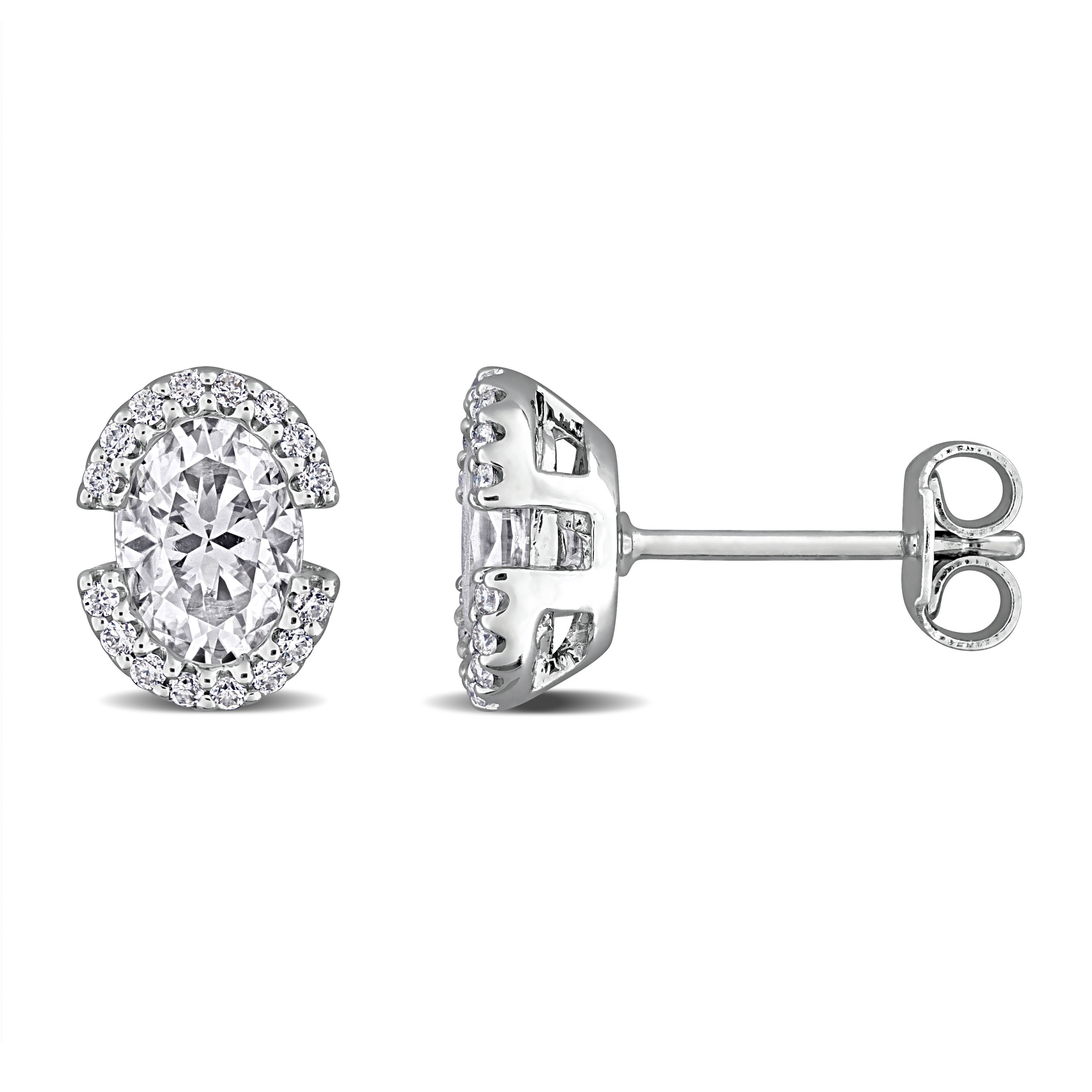2 1/6ct DEW Oval-Cut Created Moissanite Halo Stud Earrings in Sterling Silver