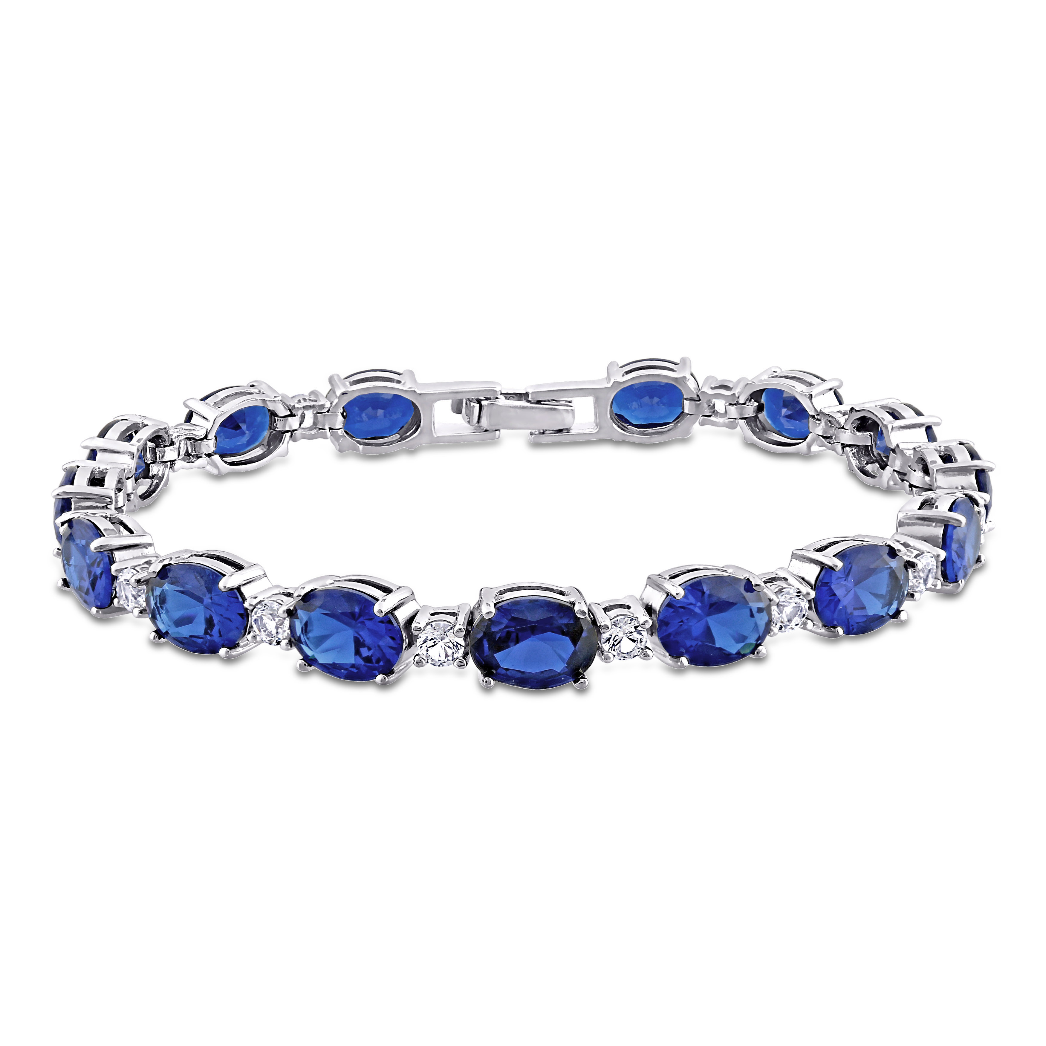32 CT TGW Oval Created Blue and White Sapphire Bracelet in Sterling Silver