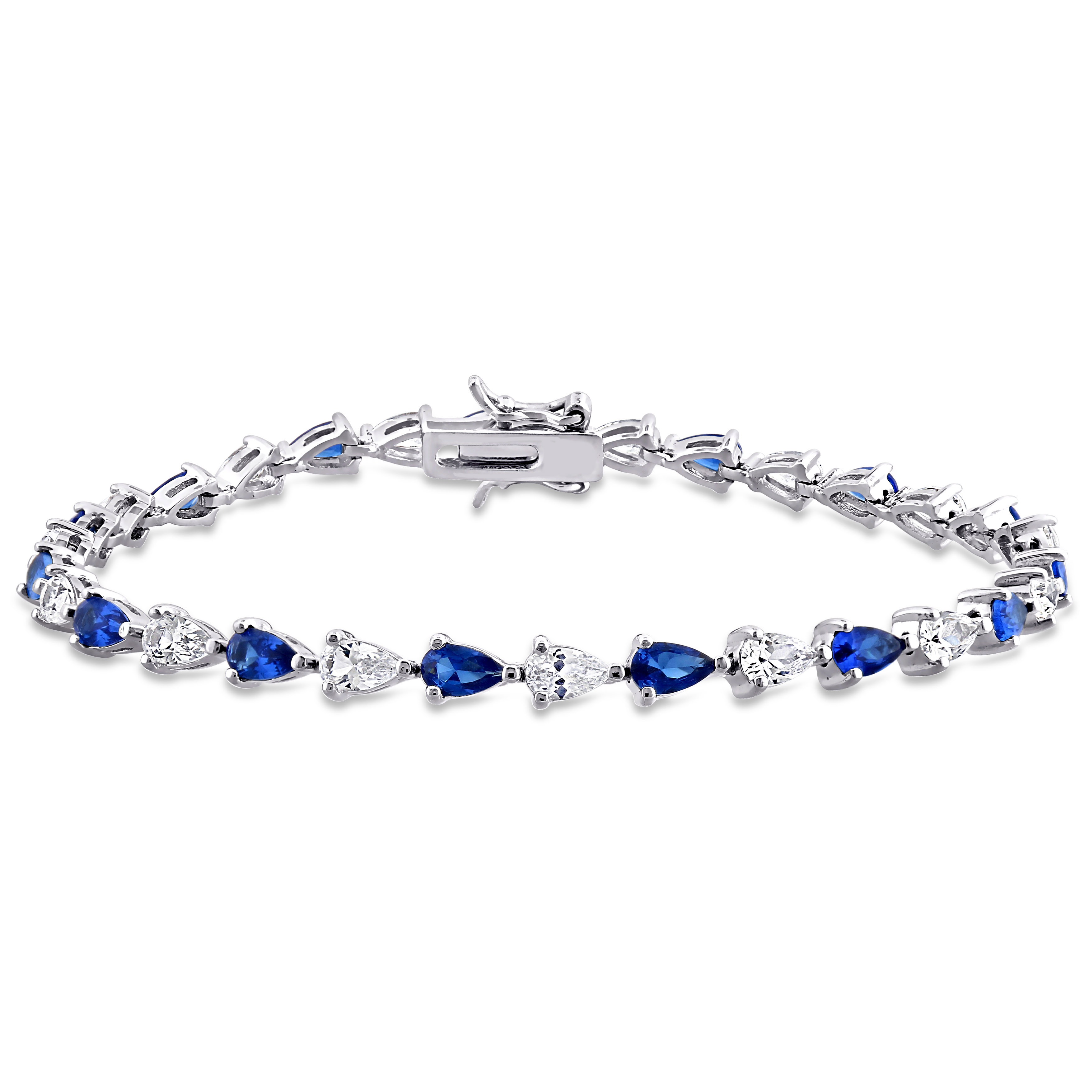 10 1/2 CT TGW Pear Shape Created Blue and White Sapphire Tennis Bracelet in Sterling Silver