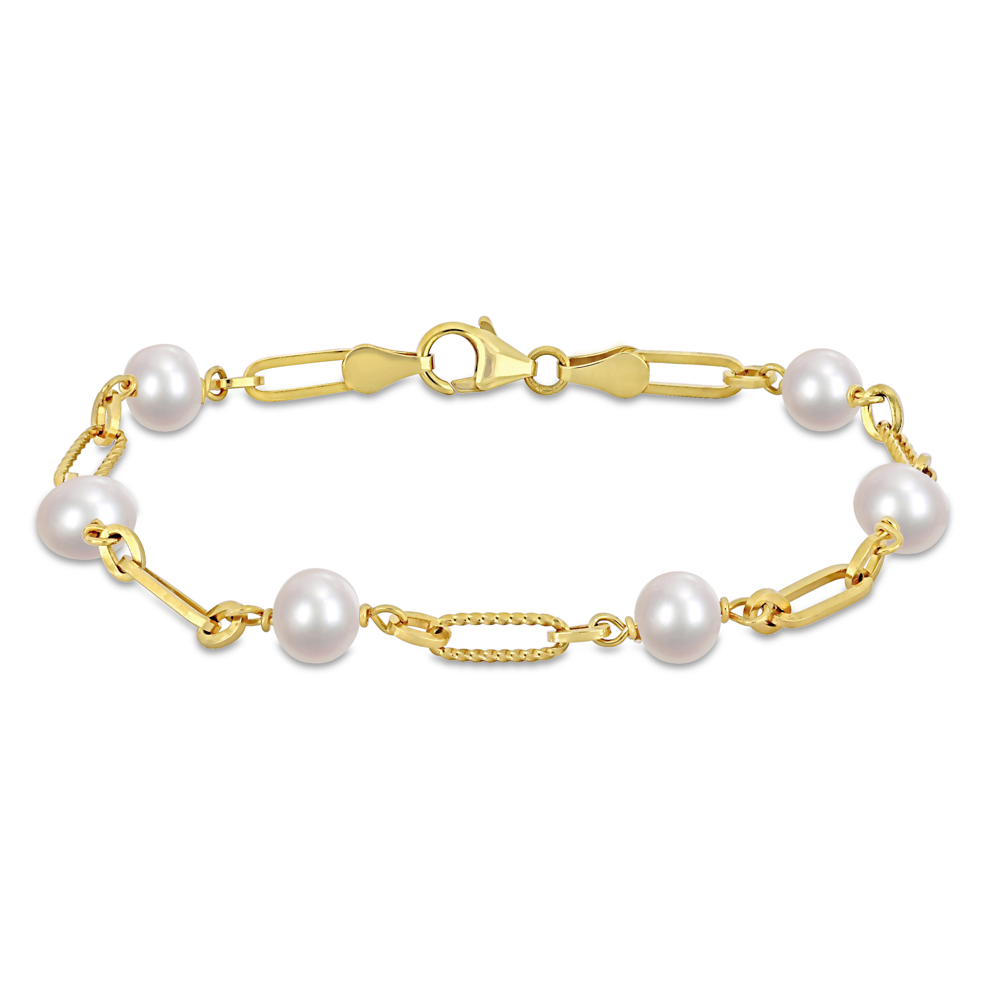 7-7.5mm Cultured Freshwater Pearl Station Link Bracelet in 18K Yellow Gold Plated Sterling Silver