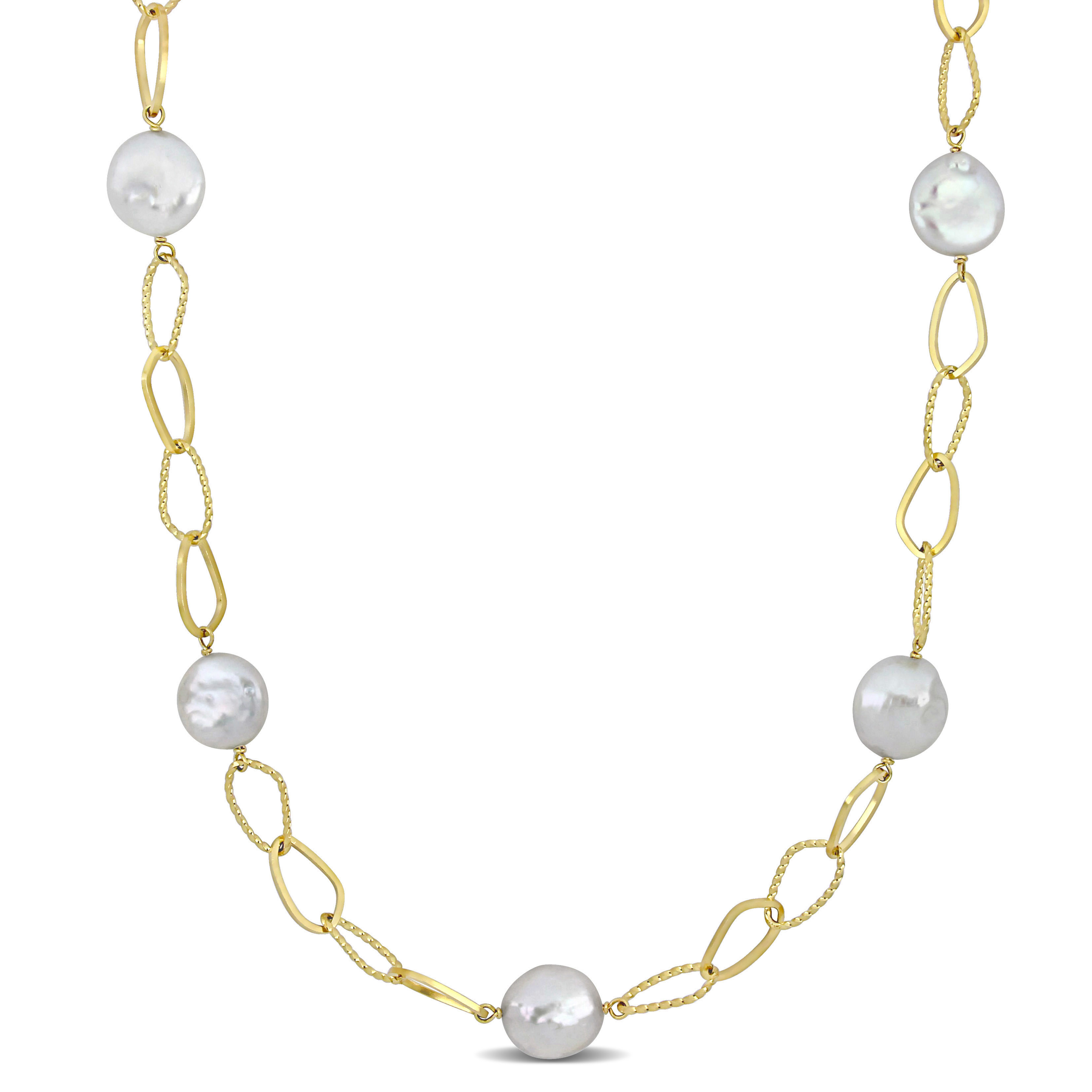 14-15 MM Cultured Freshwater Coin Pearl Station Chain Necklace in 18k Yellow Gold Plated Sterling Silver - 36 in.