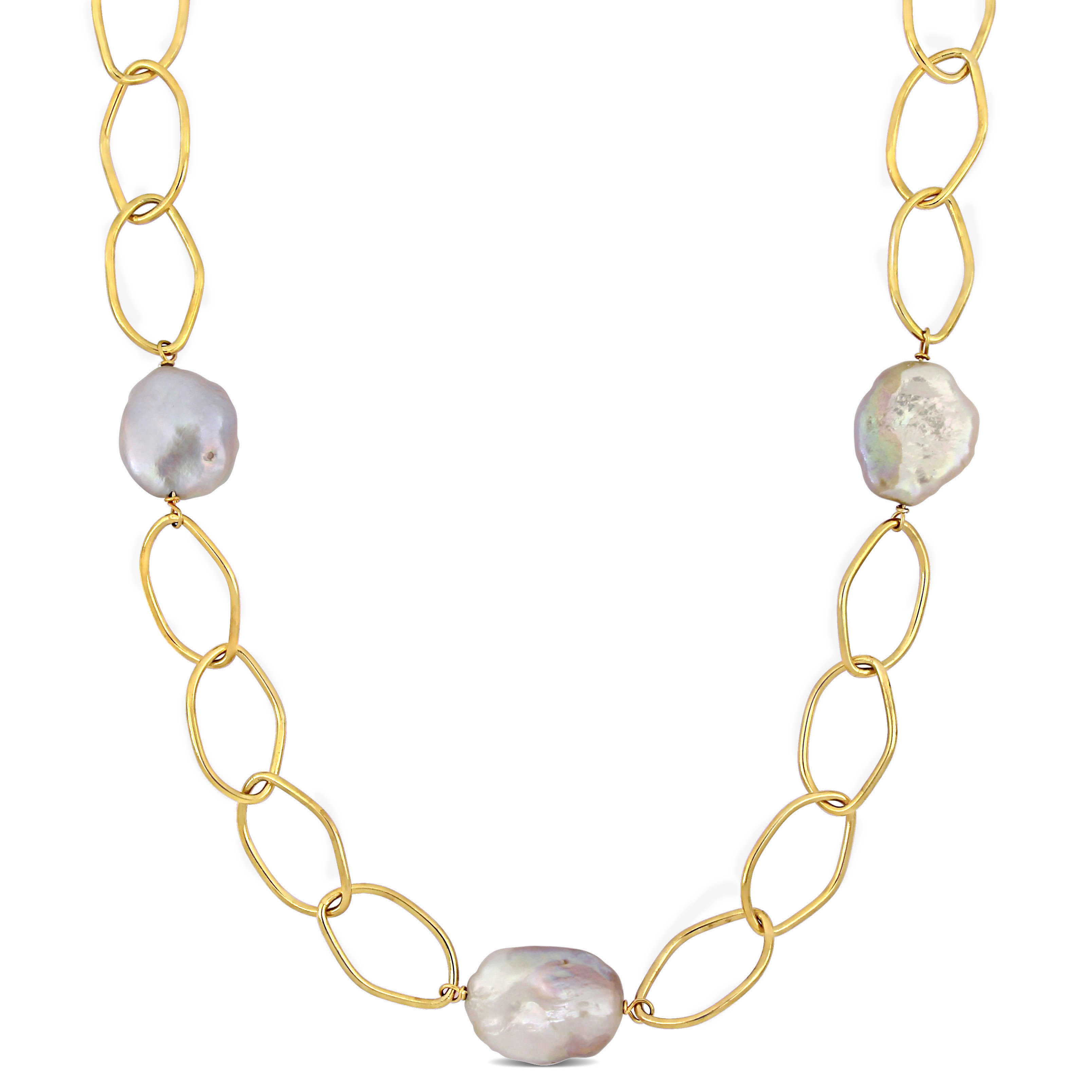 14 - 20 MM Pink Cultured Freshwater Fancy Shape Pearl 26"+1.5 Ext. Necklace in Silver 18K Yellow Gold Plated Sterling Silver