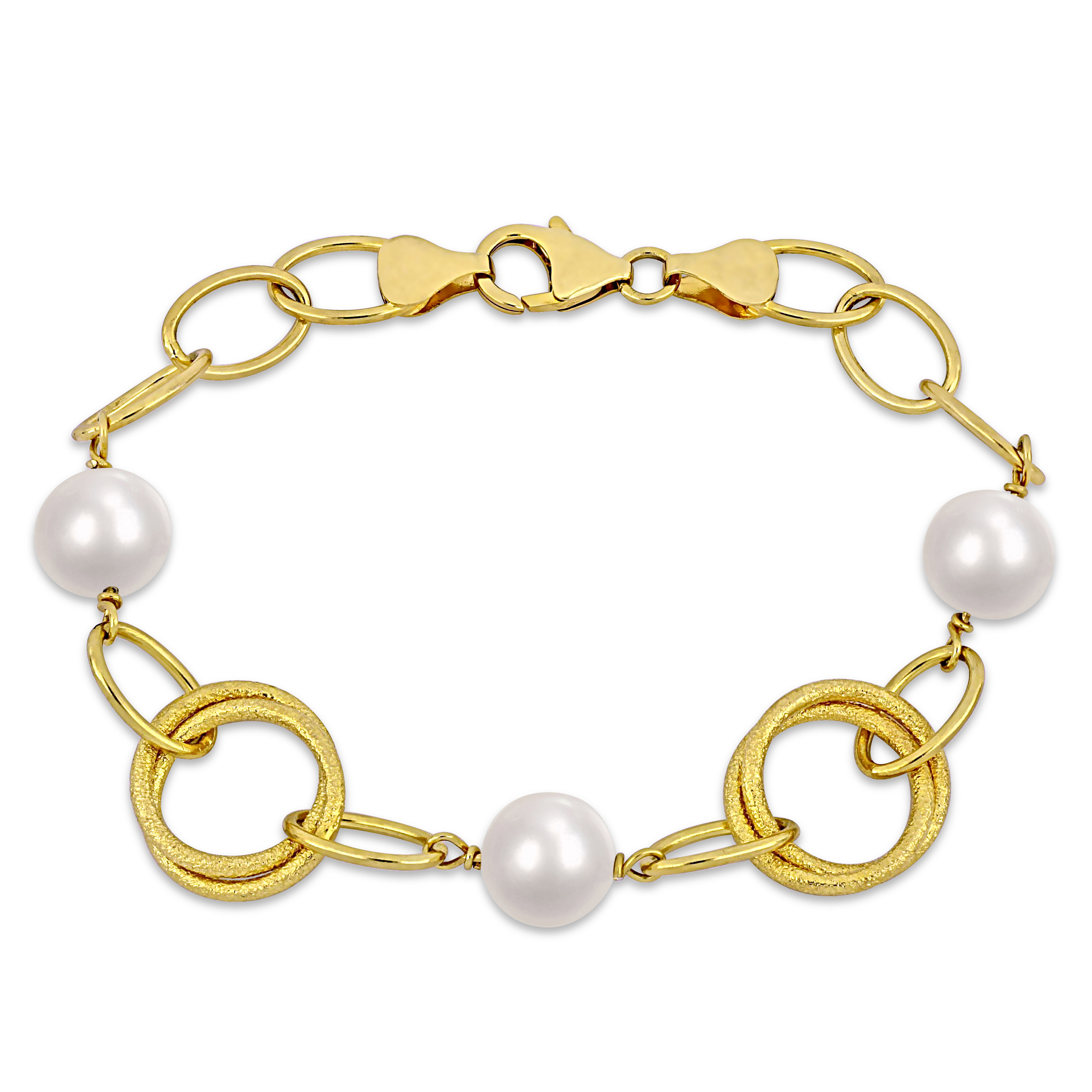 9-10mm Cultured Freshwater Pearl Circle Link Bracelet in Yellow Gold Plated Sterling Silver