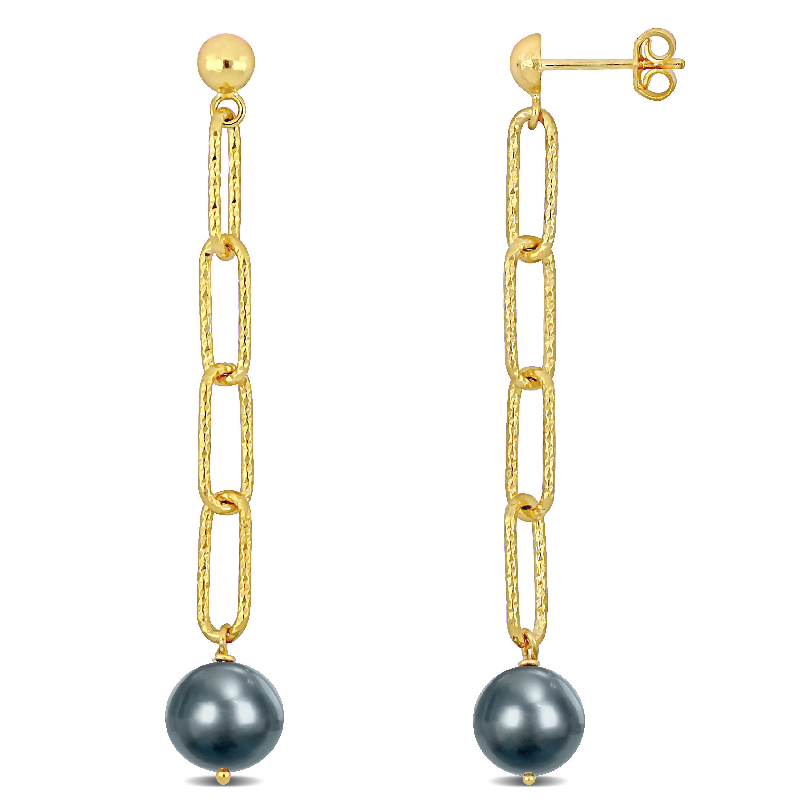 9-10 MM Dyed Grey Cultured Freshwater Pearl Oval Link Earrings in 18k Yellow Gold Plated Sterling Silver