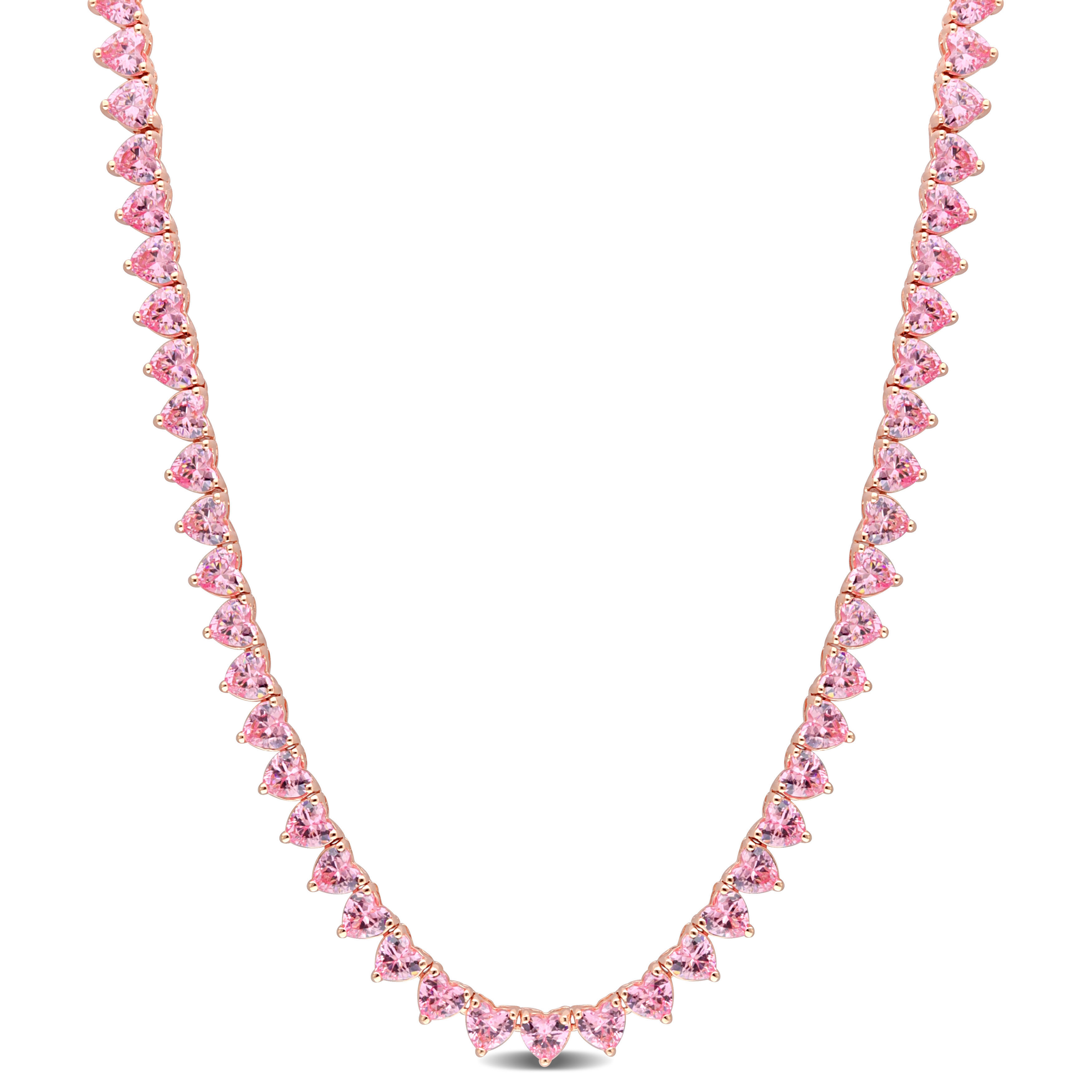 31.2 CT TGW Created Pink Sapphire 18 Necklace in Rose Plated Sterling Silver