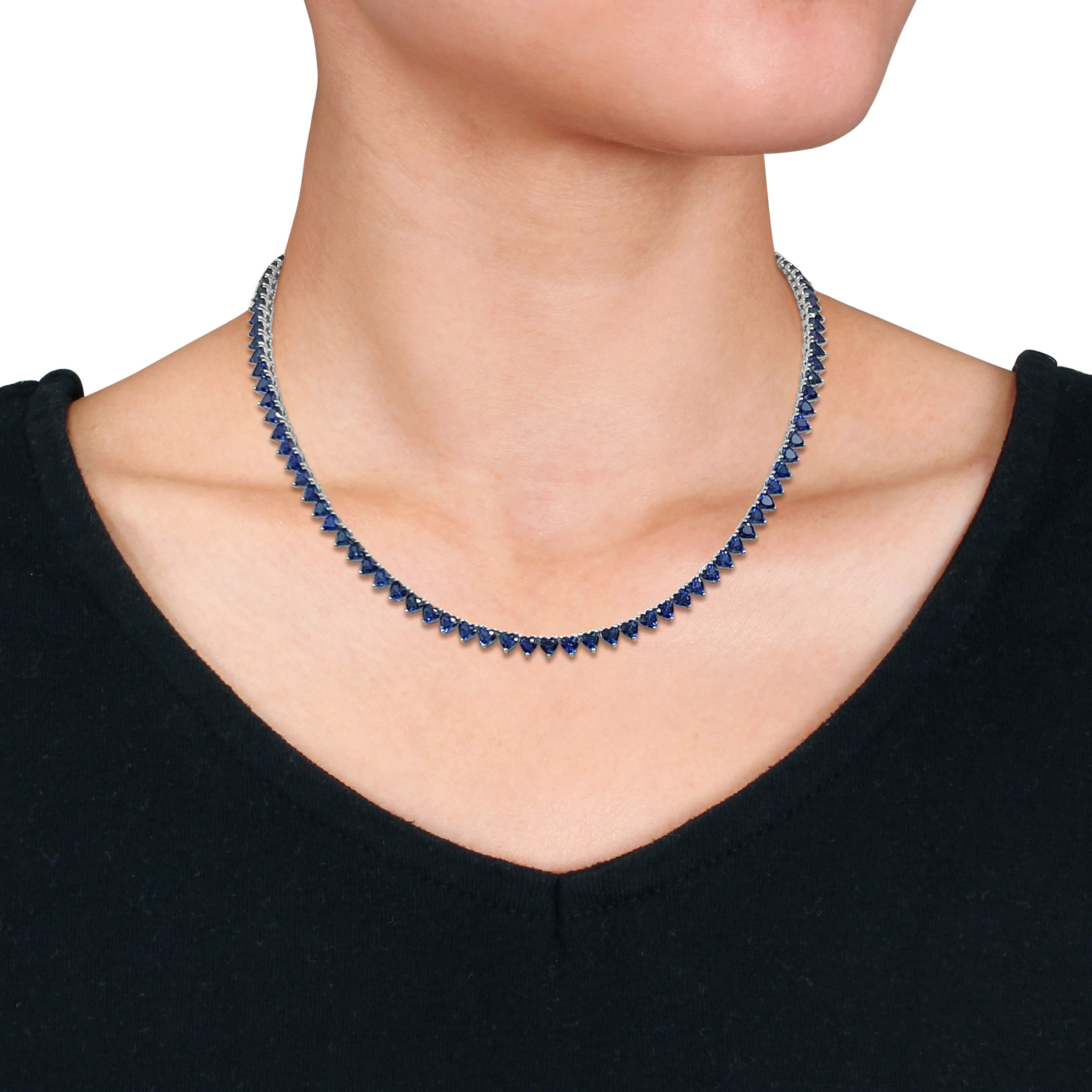 31 1/5 CT TGW Heart Shape Created Blue Sapphire Tennis Necklace in Sterling Silver - 18 in.