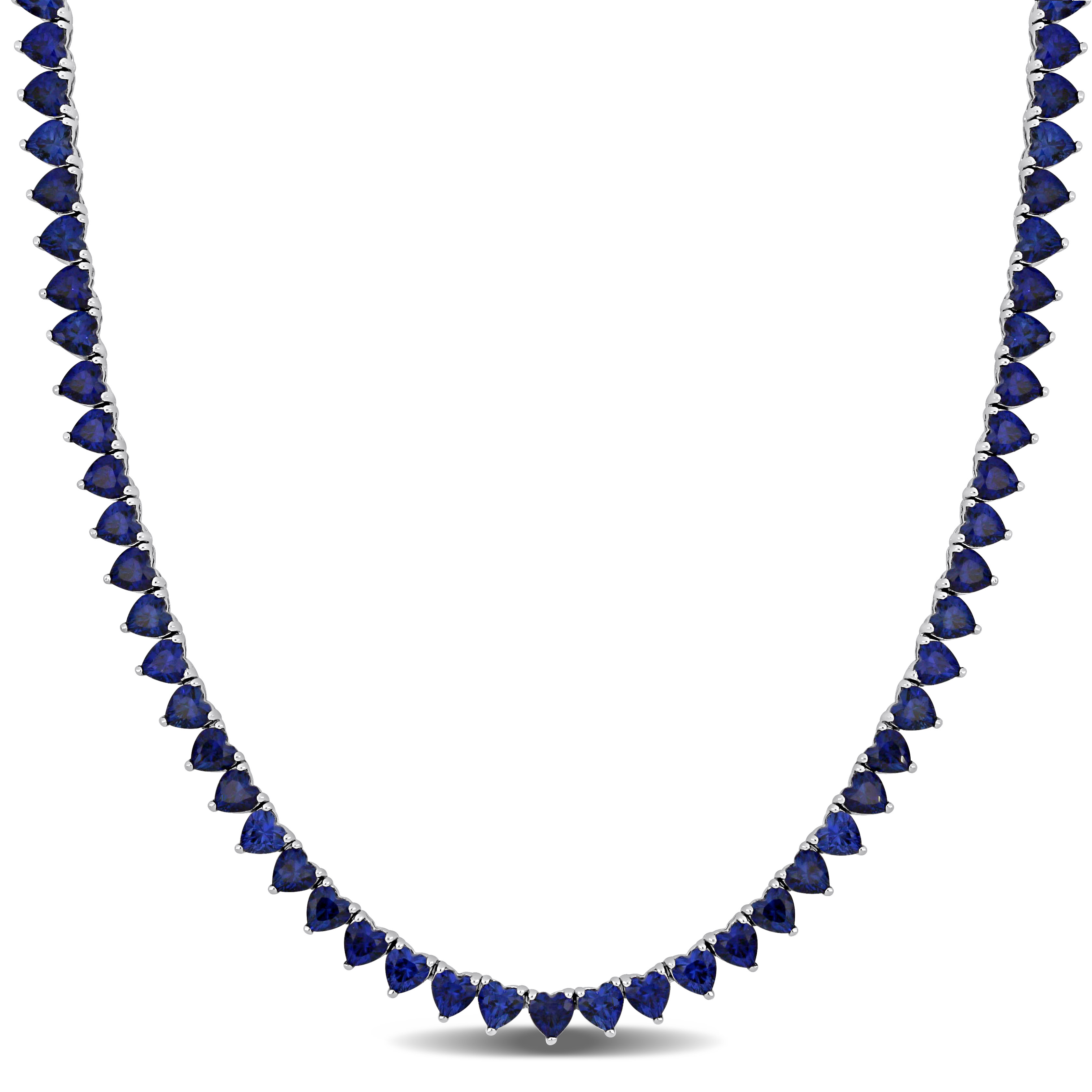 31 1/5 CT TGW Heart Shape Created Blue Sapphire Tennis Necklace in Sterling Silver - 18 in.