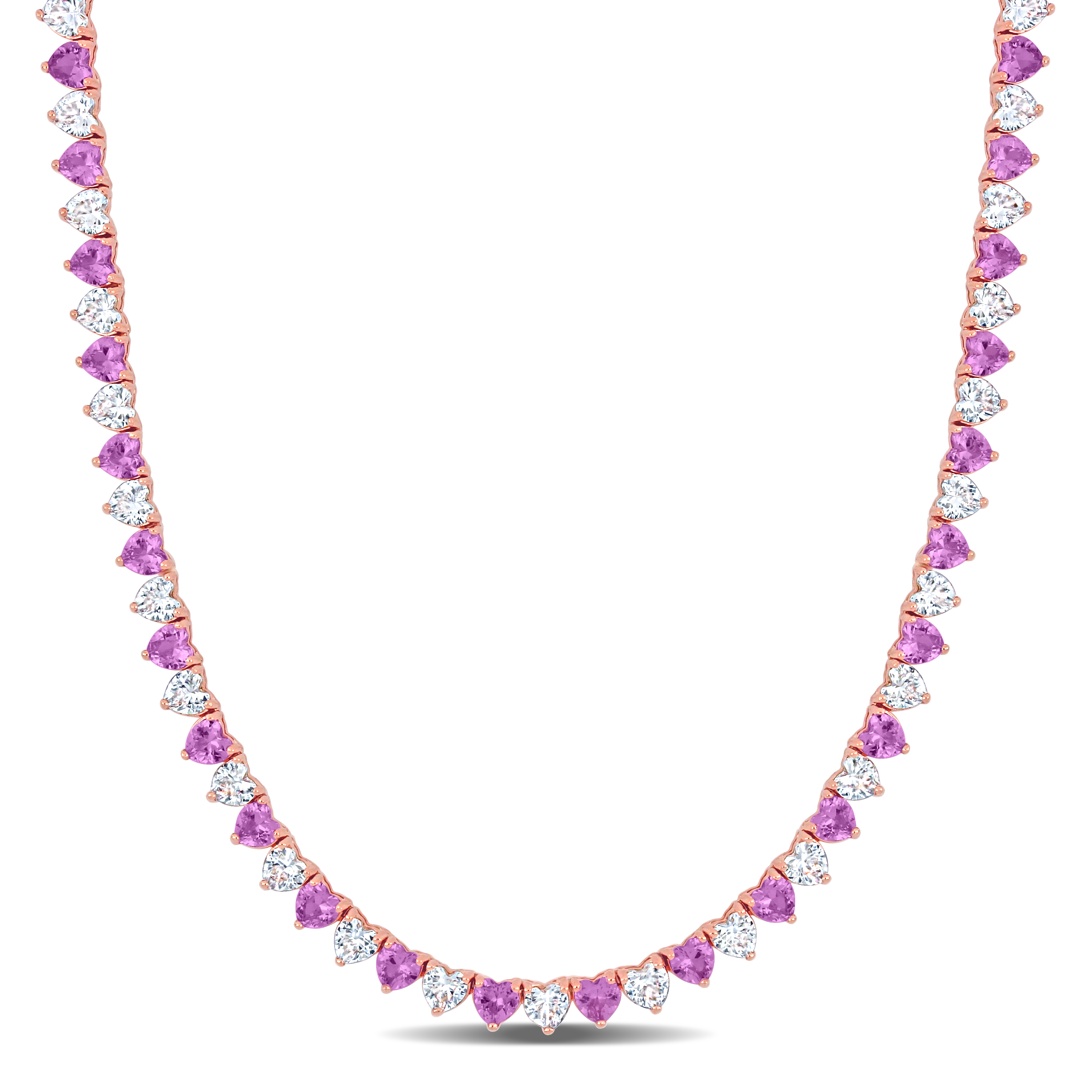 31 1/5 CT TGW Created Pink and White Heart-Cut Sapphire Necklace in Rose Silver Tongue and Groove Clasp - 18 in.