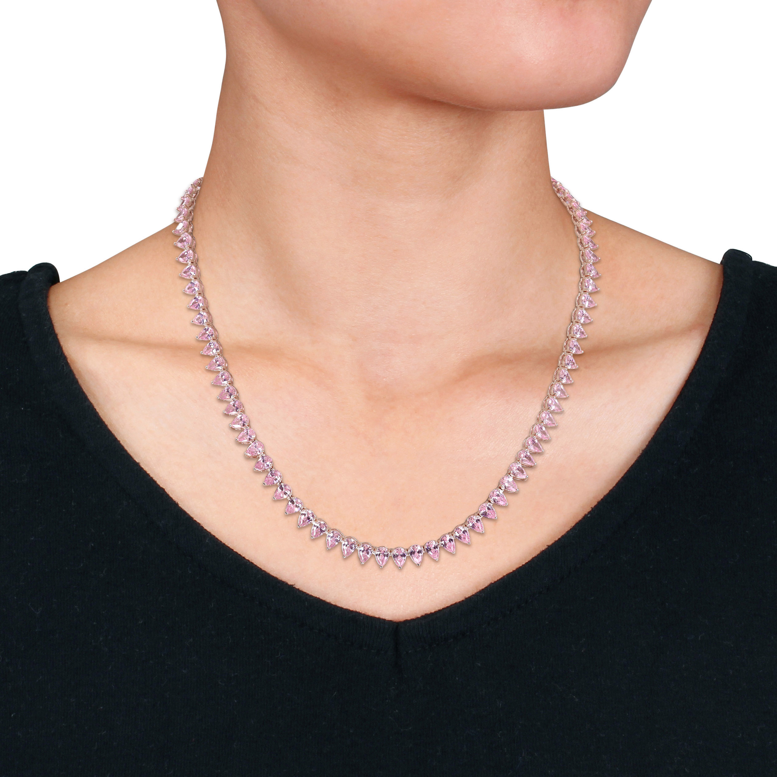 44.5 CT TGW Pear Shape Created Pink Sapphire Tennis Necklace in Sterling Silver - 18 in.