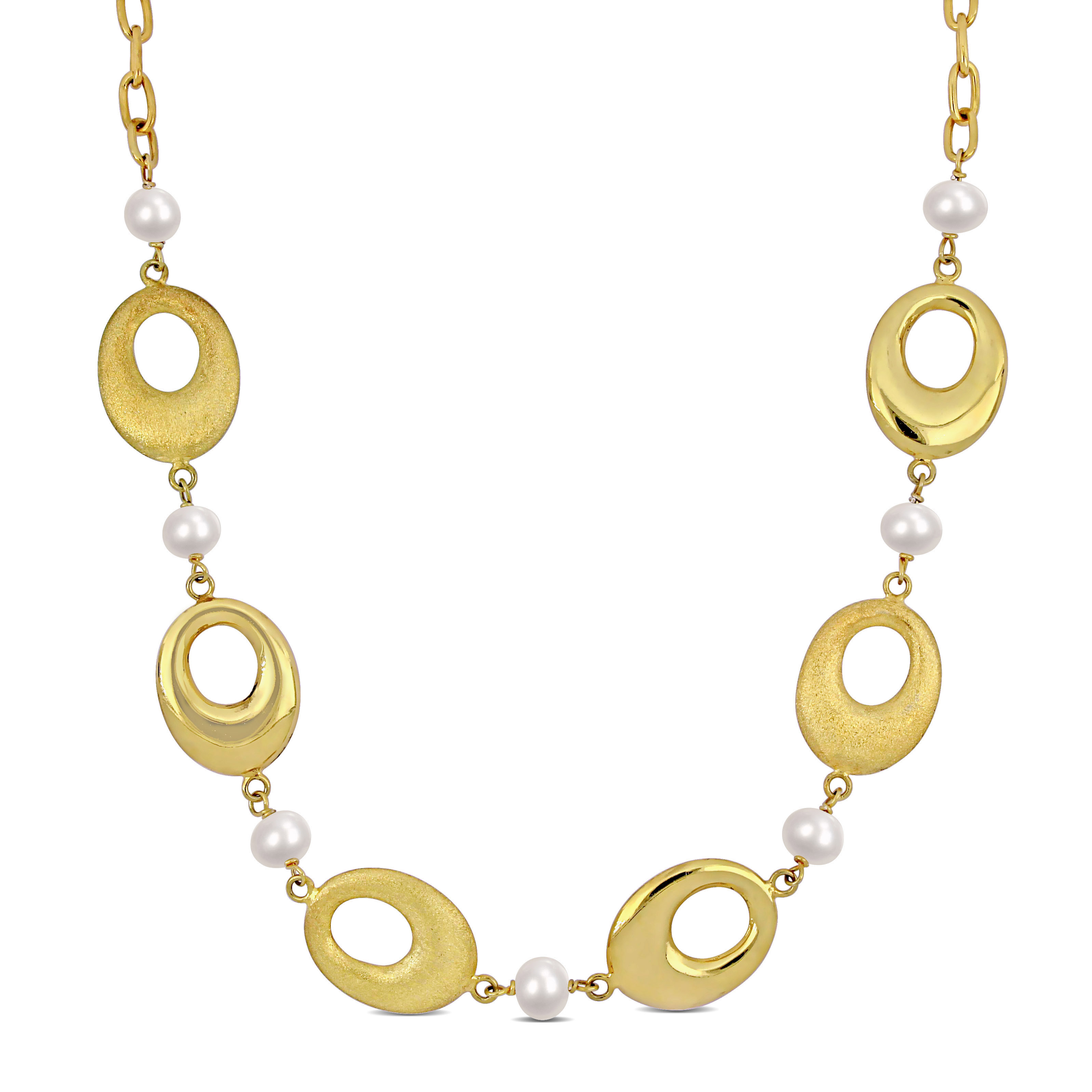 6 - 7 MM Cultured Freshwater Pearl Oval Disc Station 20" Necklace Silver in Silver 18K Yellow Gold Plated Sterling Silver