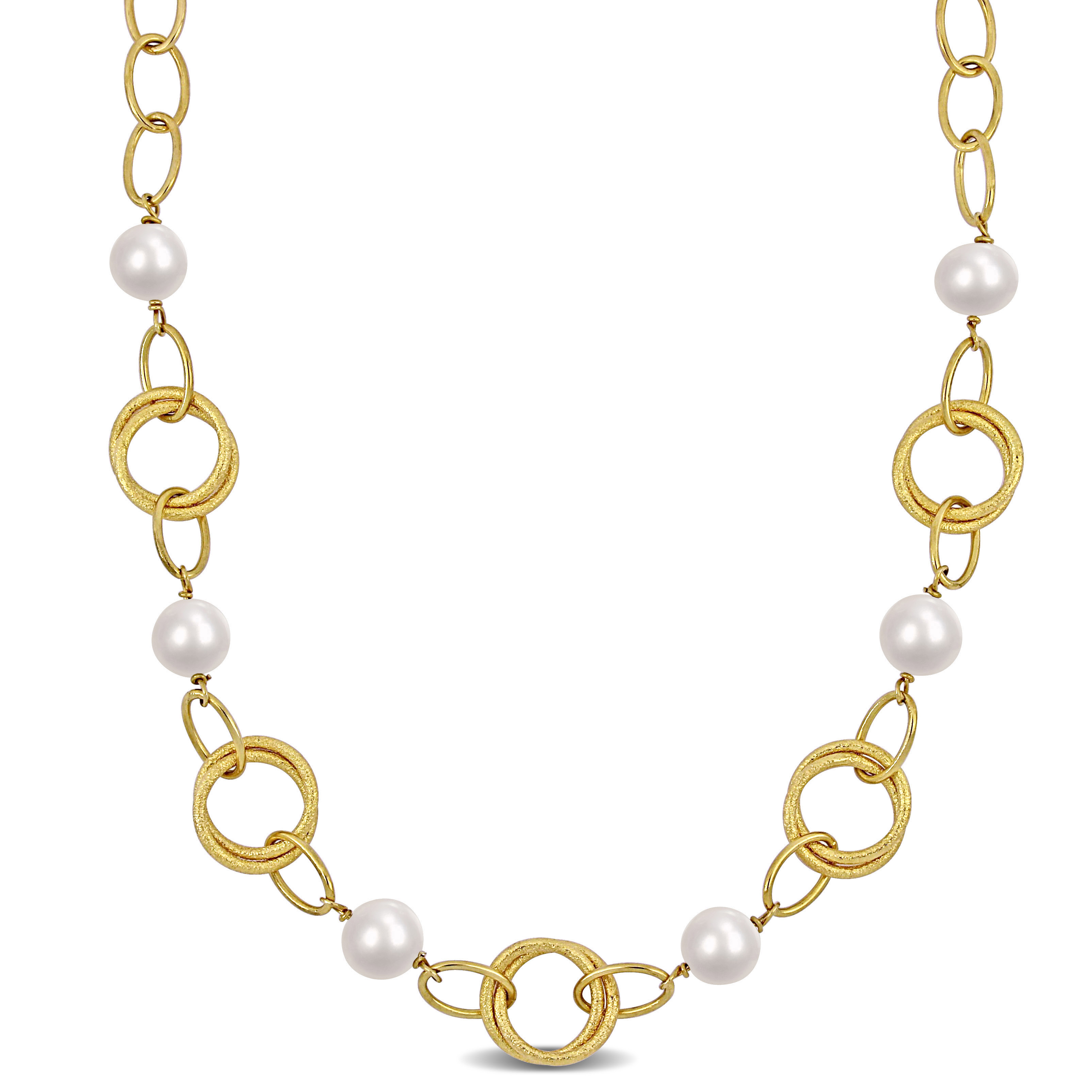 9 - 10 MM Cultured Freshwater Pearl Circle Rings Station 20" Necklace in Silver 18K Yellow Gold Plated Sterling Silver