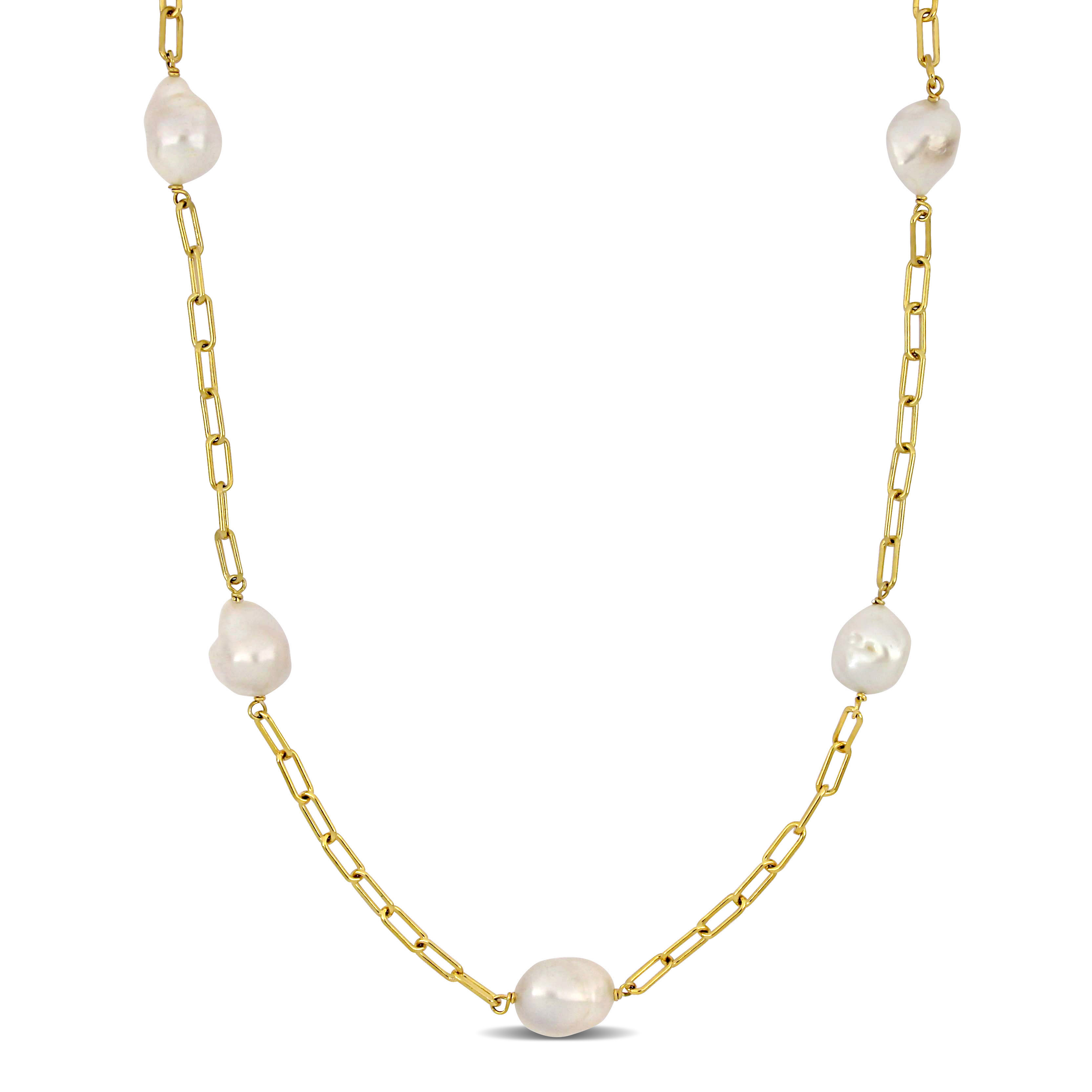 12-14 MM Cultured Freshwater Coin Pearl Station Chain Necklace in 18k Yellow Gold Plated Sterling Silver - 34 in.