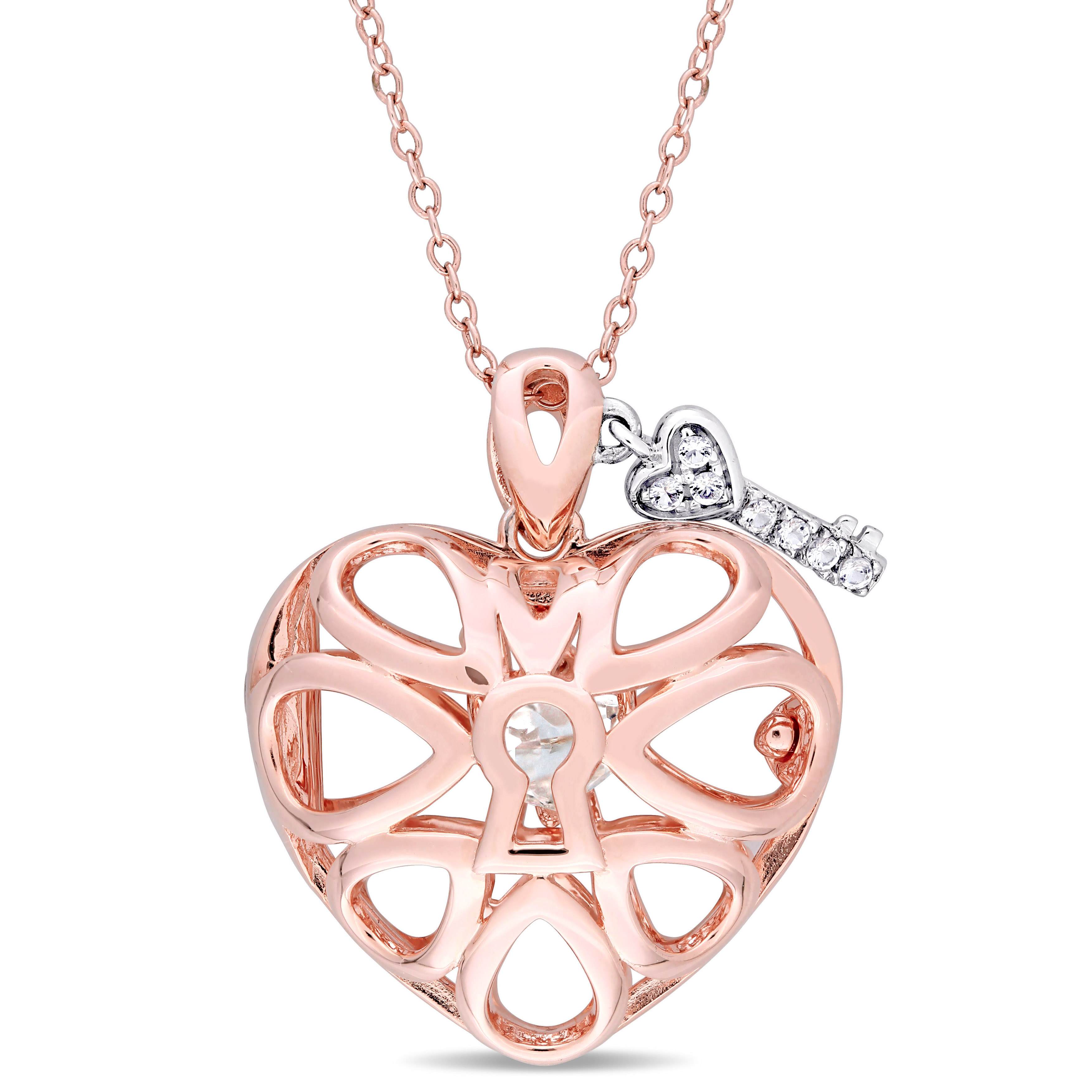 White Topaz Heart Locket and Key Pendant with Floating White Topaz in Rose Plated Sterling Silver