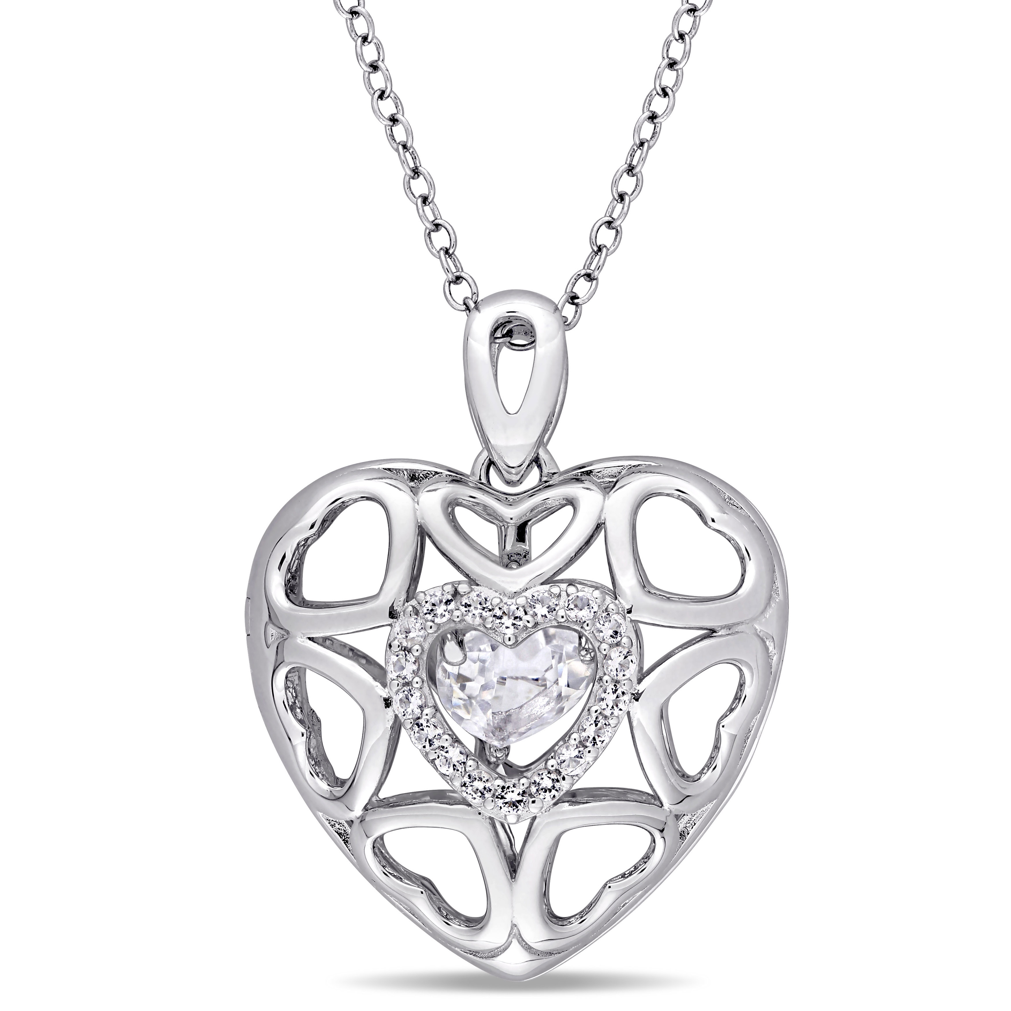 White Topaz Heart Locket Pendant with Floating White Topaz with Chain in Sterling Silver