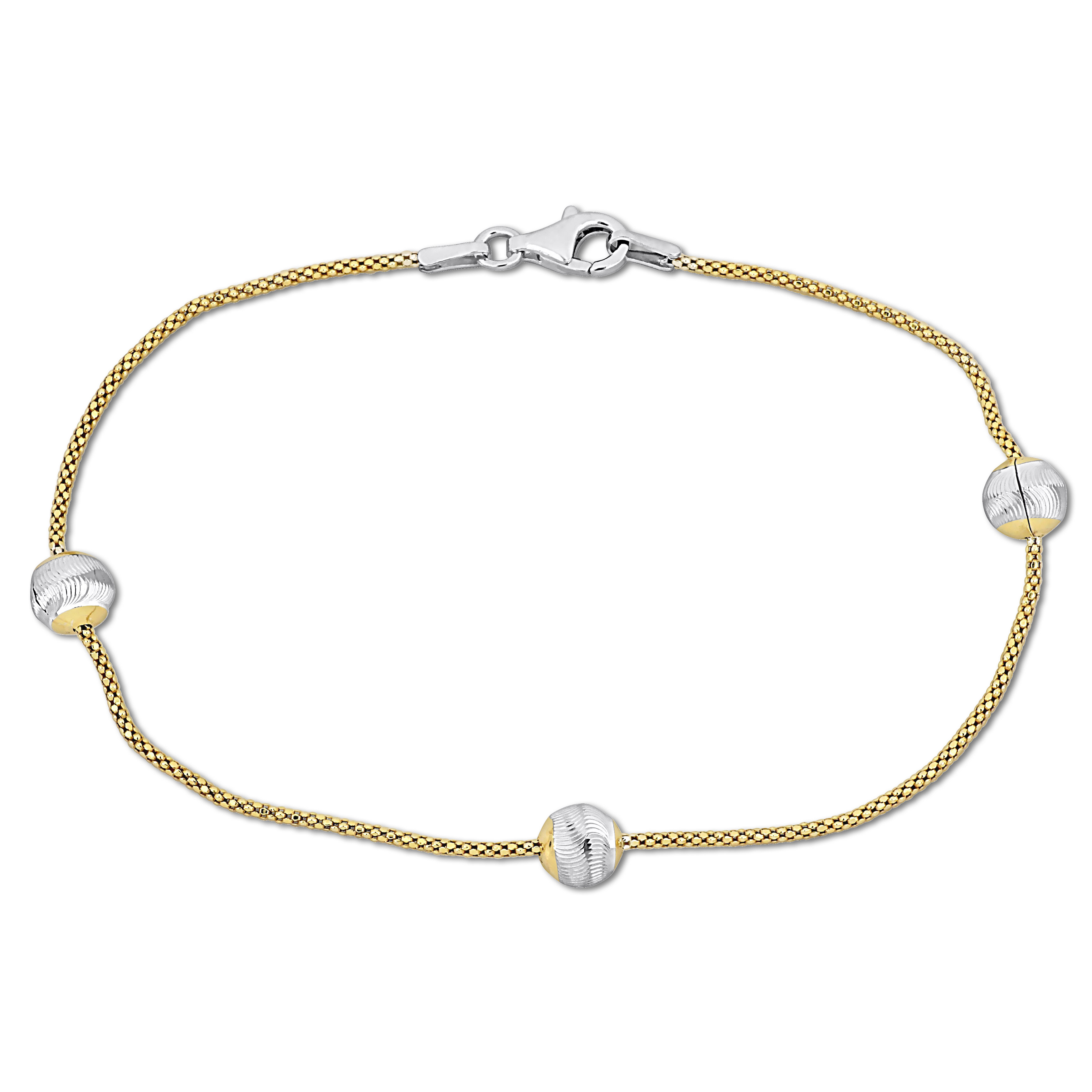 6mm Ball Station Chain Bracelet in Two-Tone Yellow and White Sterling Silver - 7.5 in.