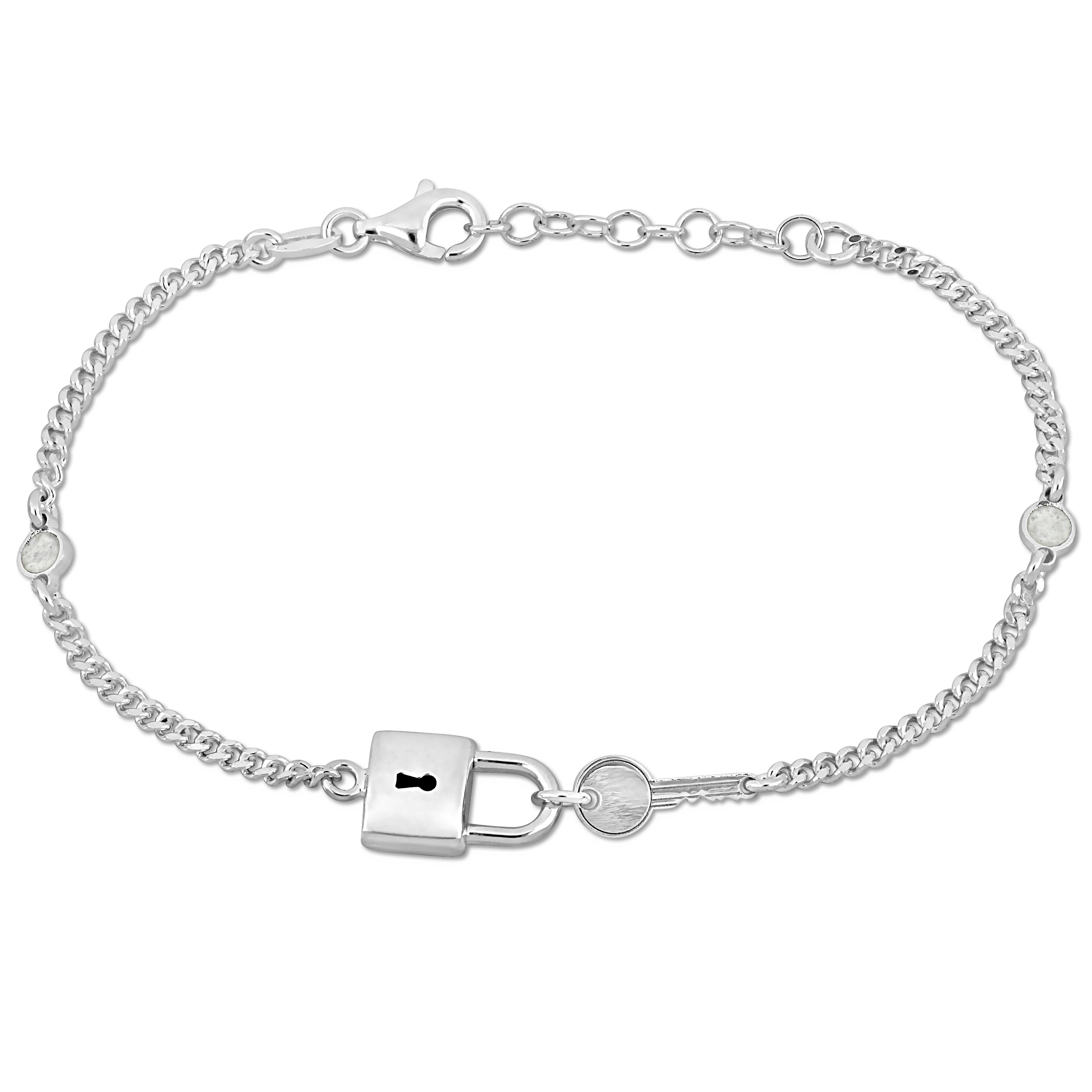 Lock and Key Charm Bracelet on 2mm CurbLink Chain in Sterling Silver - 6.5+1 in.