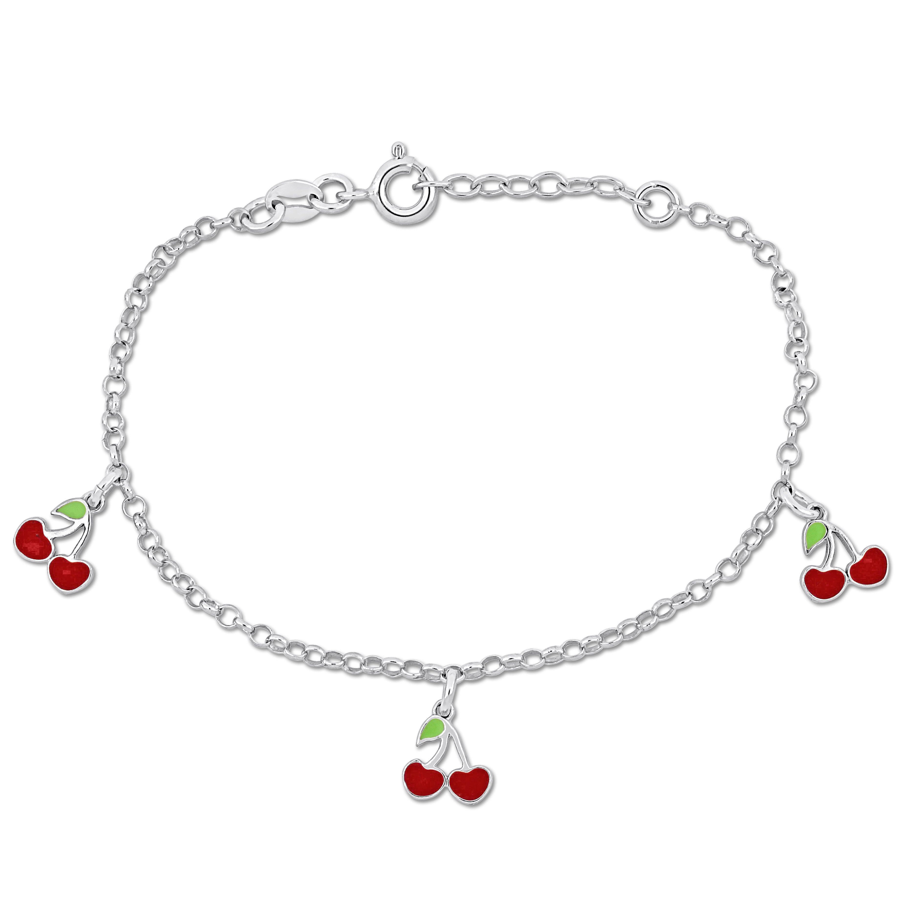 White and Red Enamel Cherry Charm Rolo Chain Bracelet in Sterling Silver - 6.5+1 in.