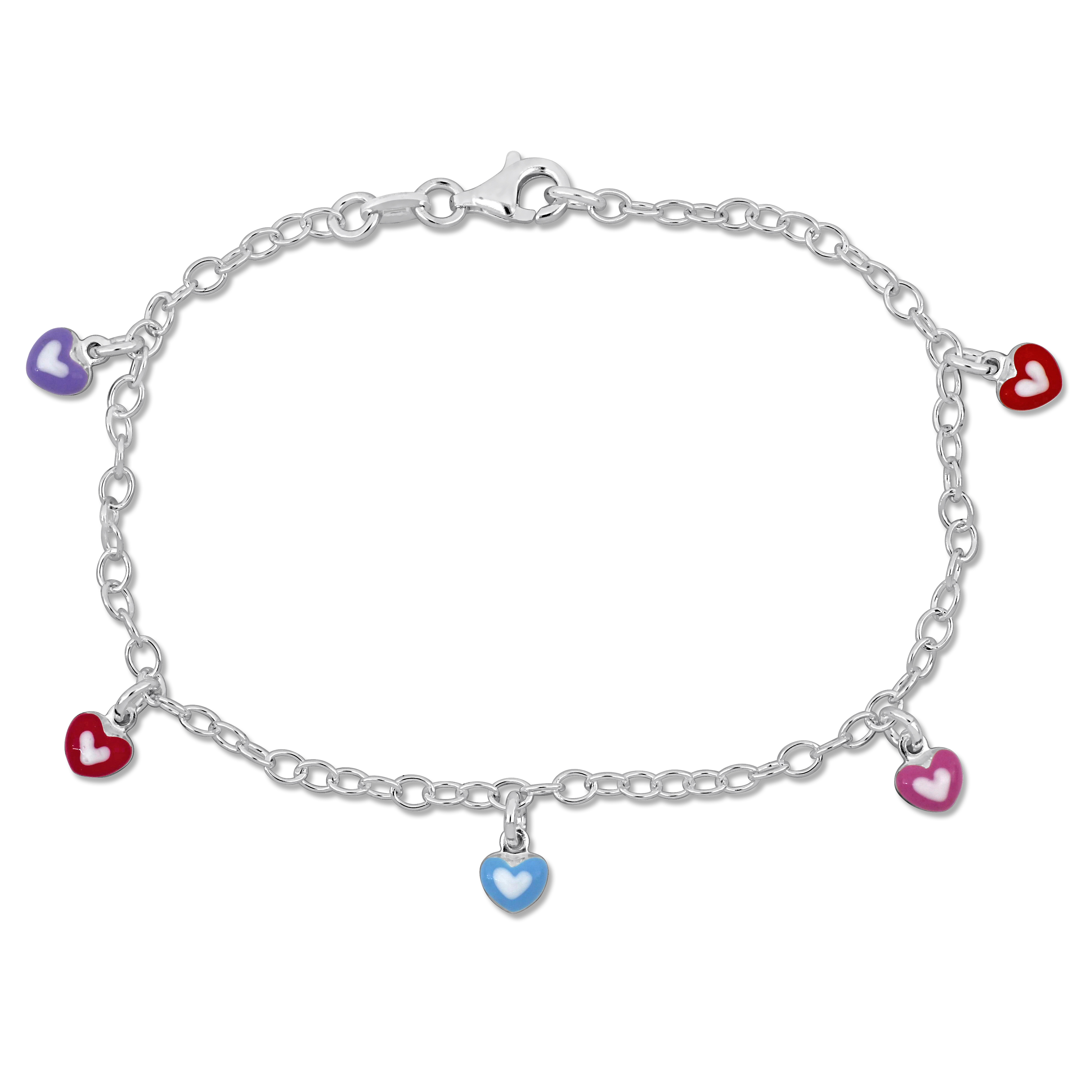Multi-color Enamel Heart Charm Link Bracelet in Sterling Silver - 7.5 in.