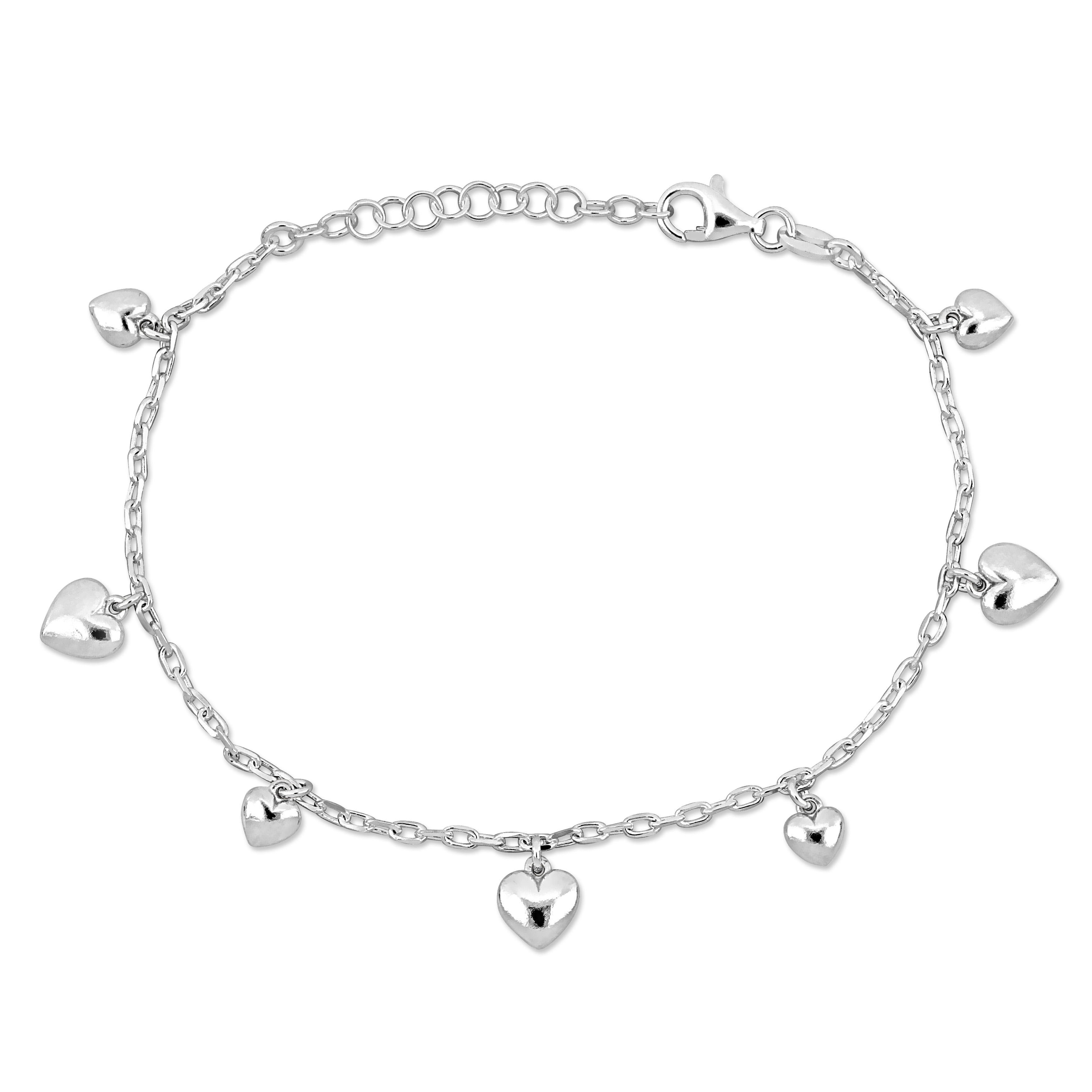 Heart Charm Bracelet on Diamond Cut Cable Chain in Sterling Silver - 6.5+1 in.