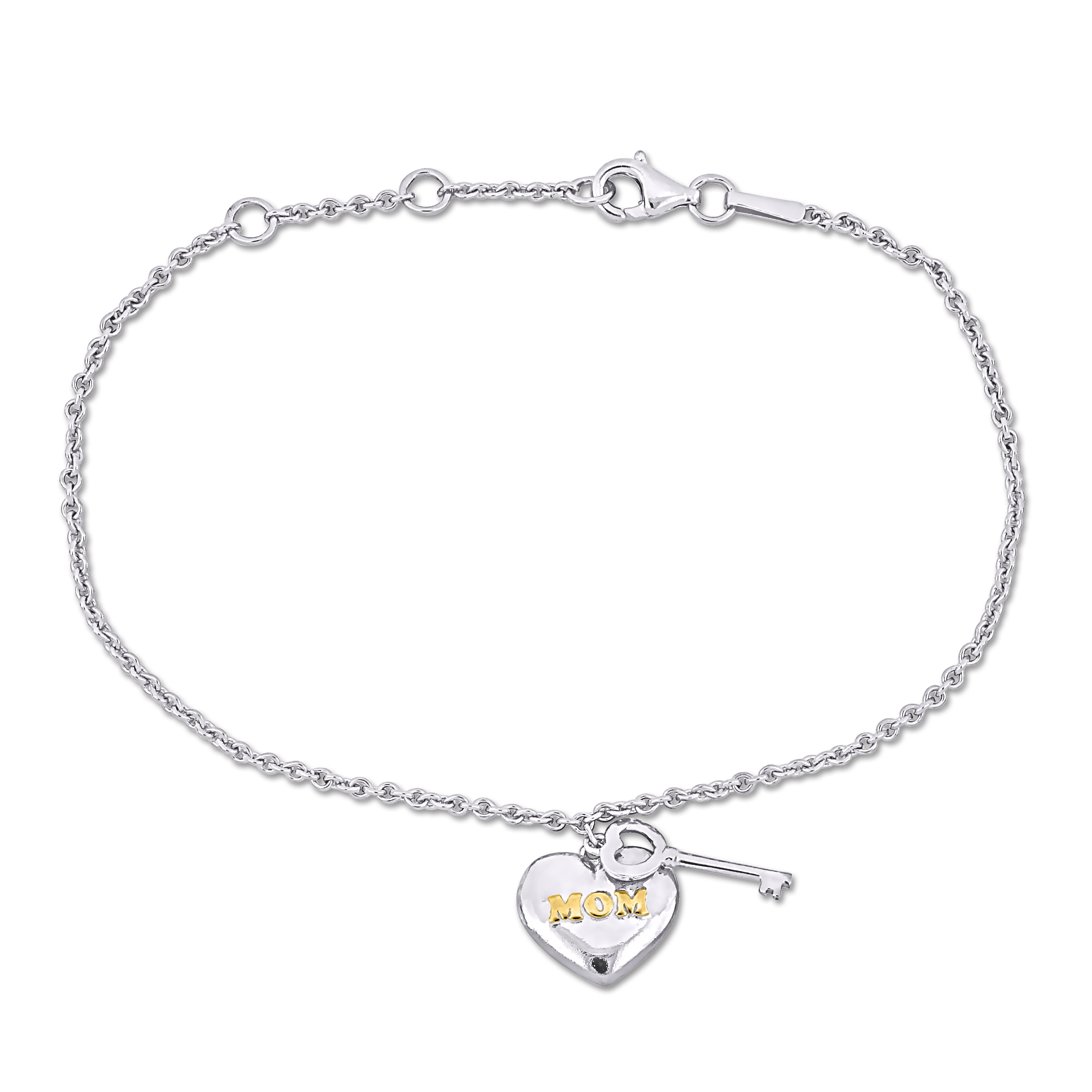 MOM Heart & Key Charm 7 Bracelet in Sterling Silver