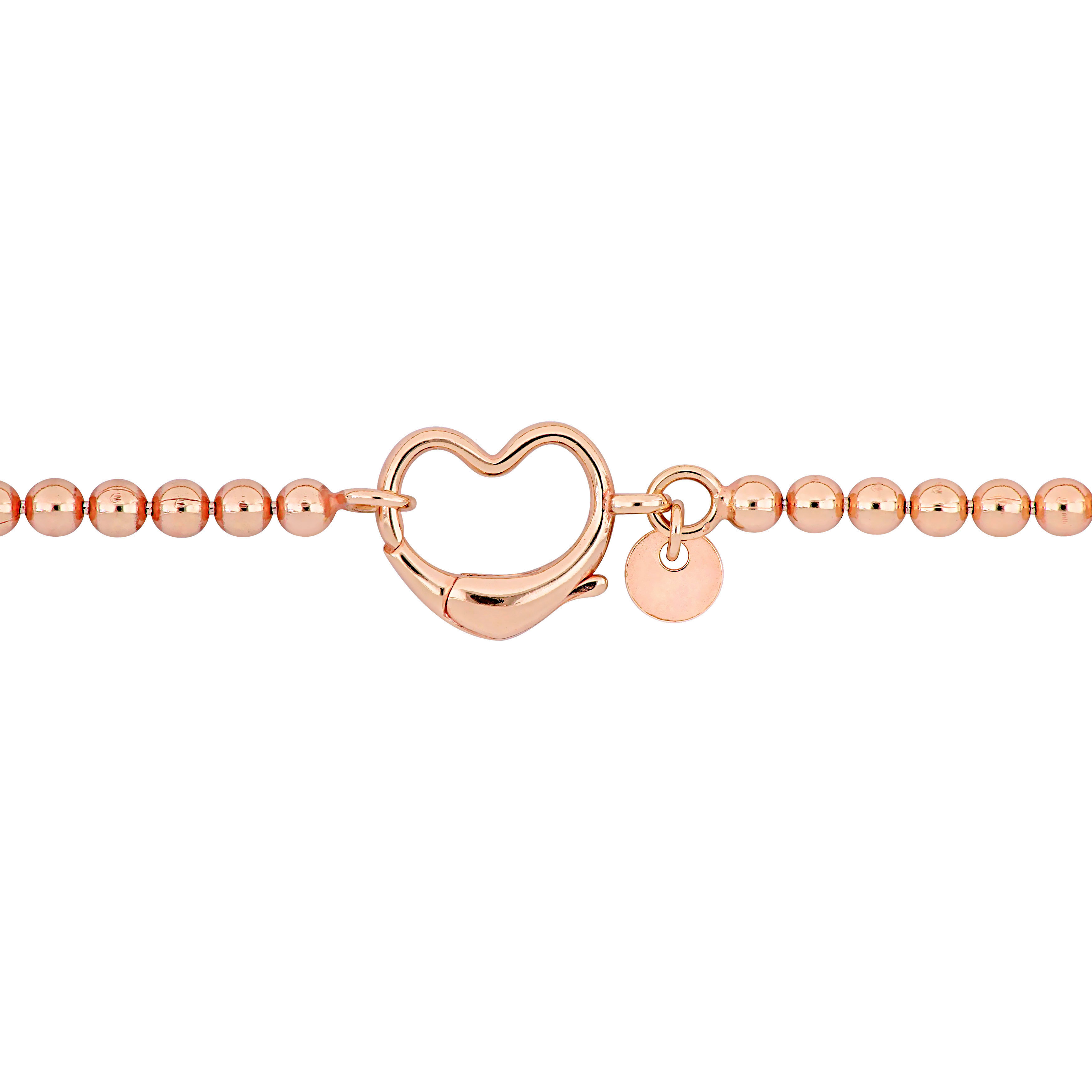 Pink bead link Bracelet with Heart Clasp in Rose Plated Sterling Silver - 7.5 in.