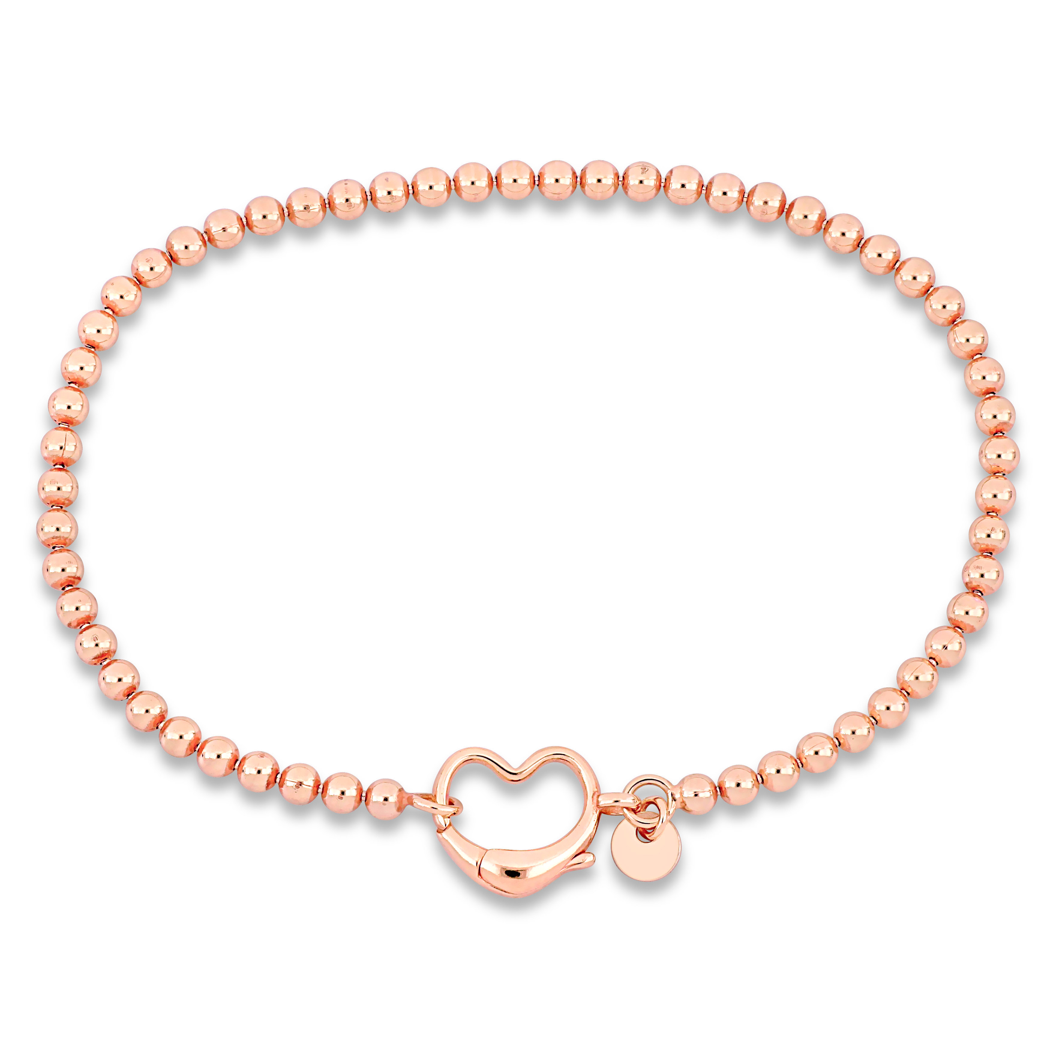 Pink bead link Bracelet with Heart Clasp in Rose Plated Sterling Silver - 7.5 in.