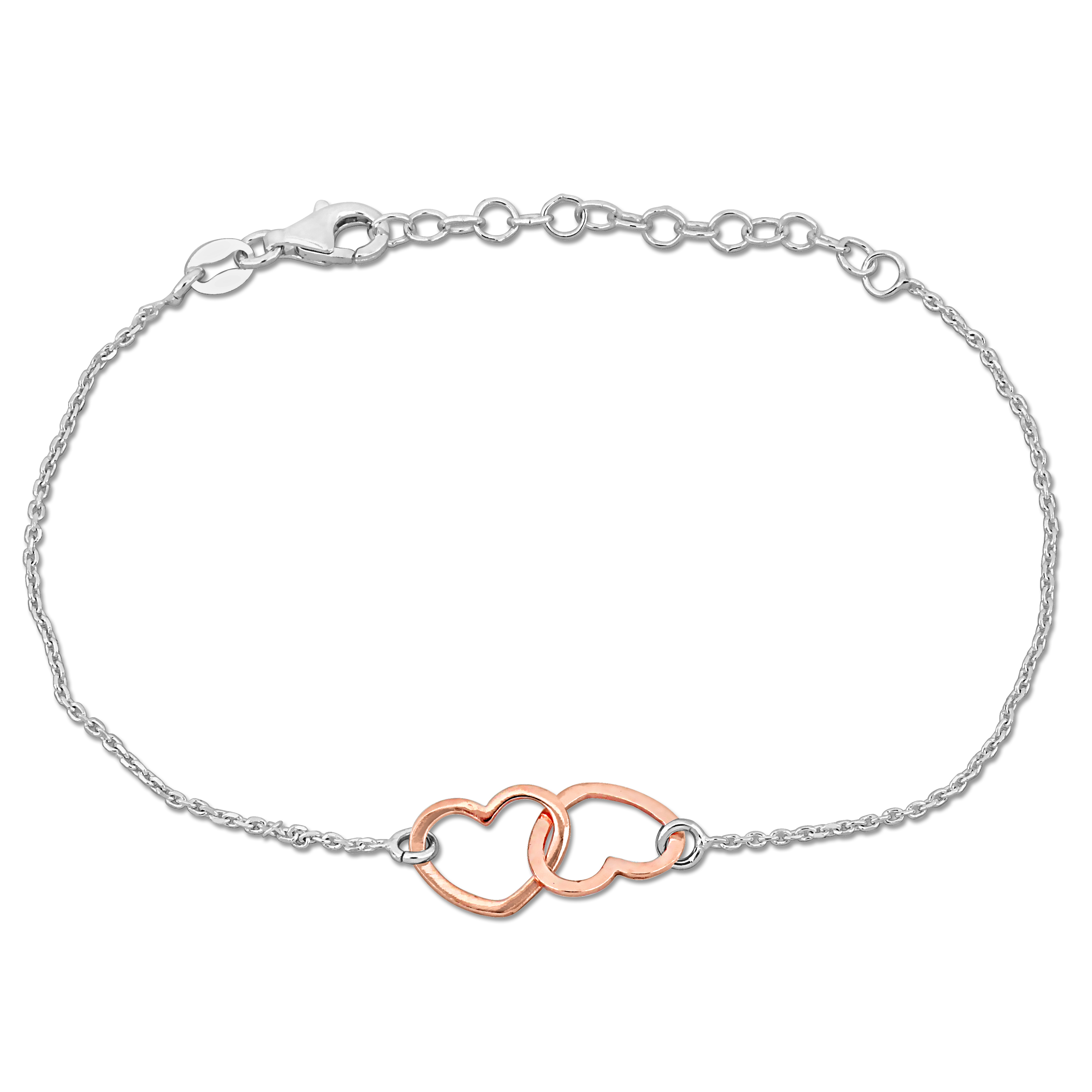 Double Rose Heart Charm Bracelet in Rose and Sterling Silver - 7+1 in.
