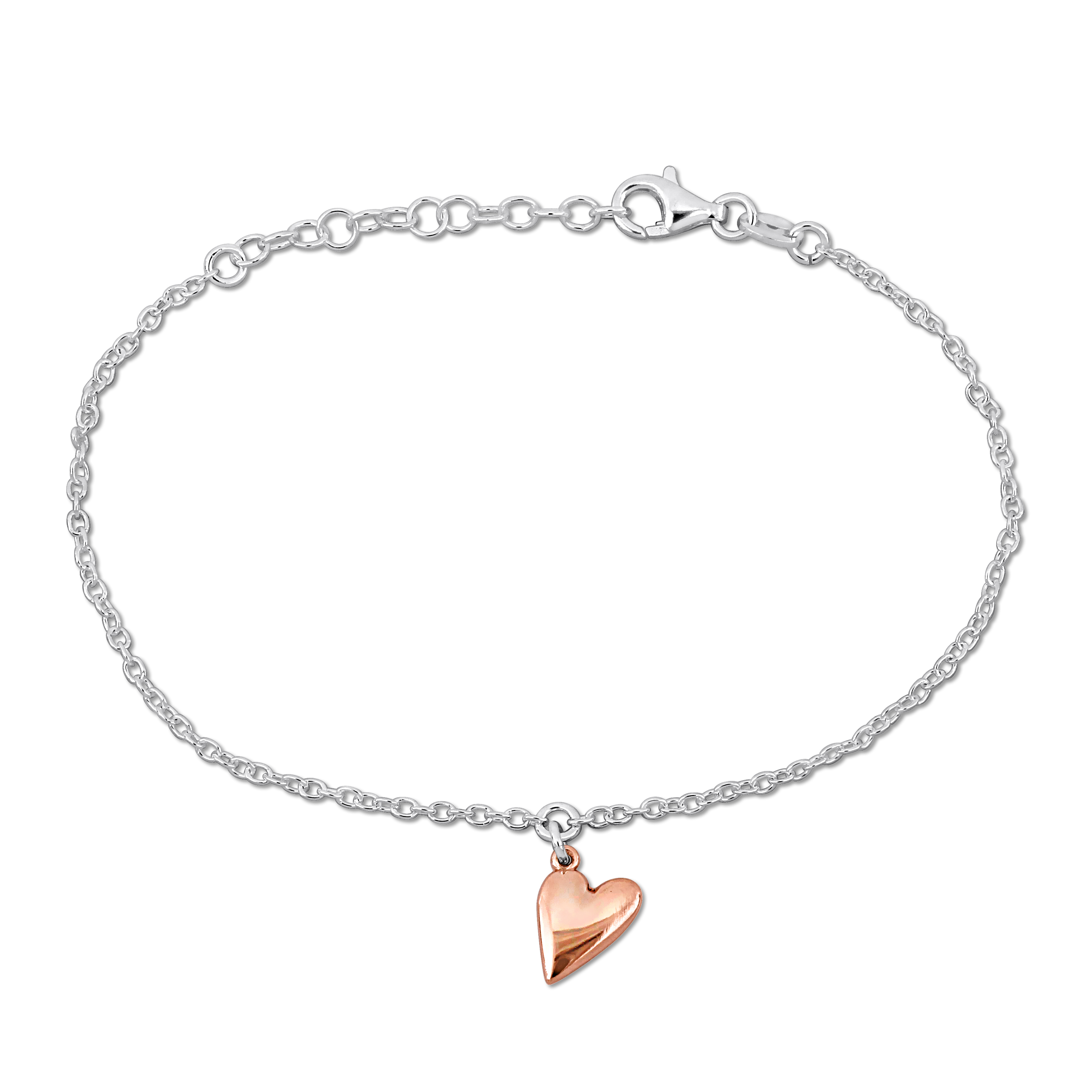 Pink Heart Charm Bracelet on cable Chain in Two-Tone Sterling Silver - 7+1 in.