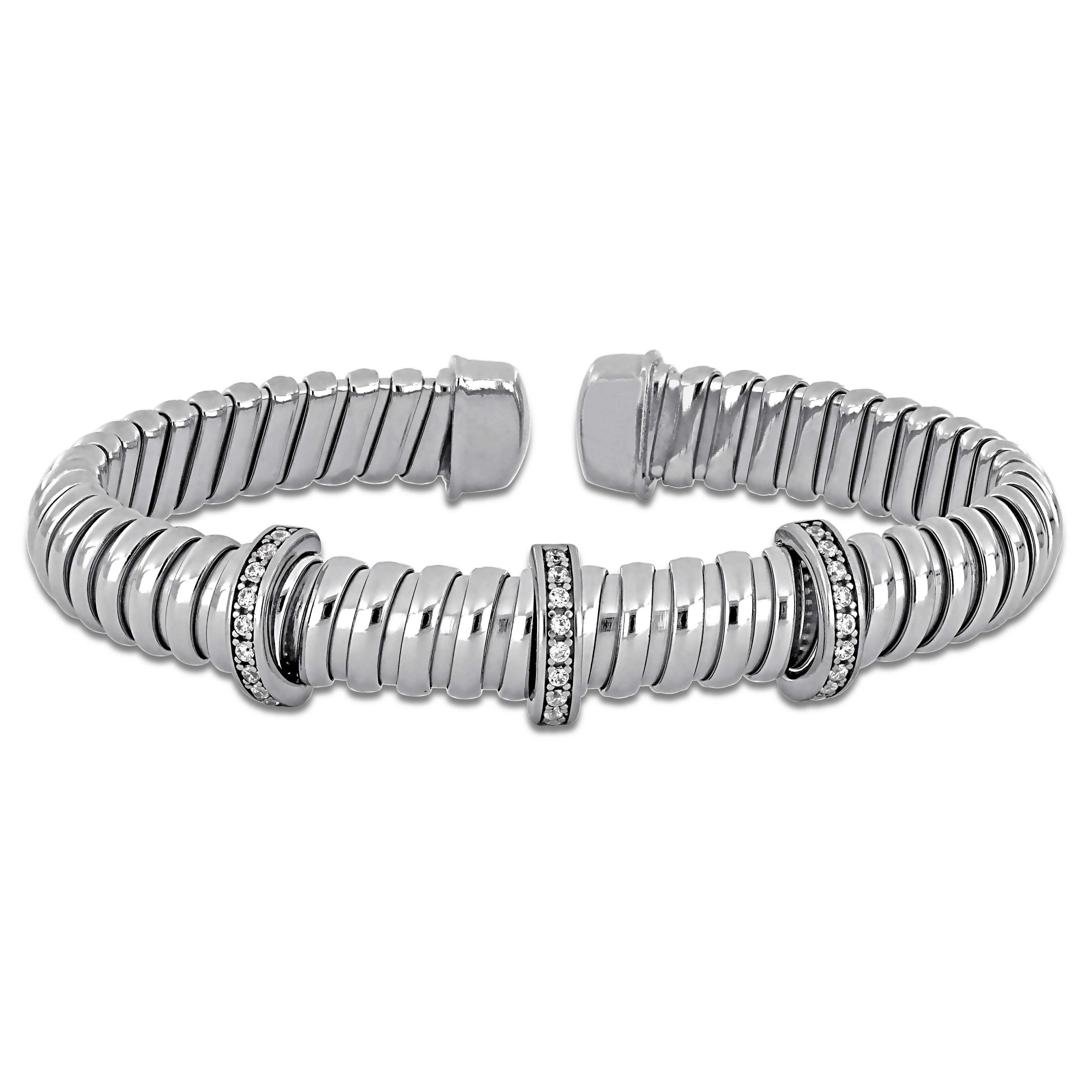 1 1/5ct TGW Cubic Zirconia Graduated Bypass Wrap Flat Omega Stretch Bangle in Sterling Silver
