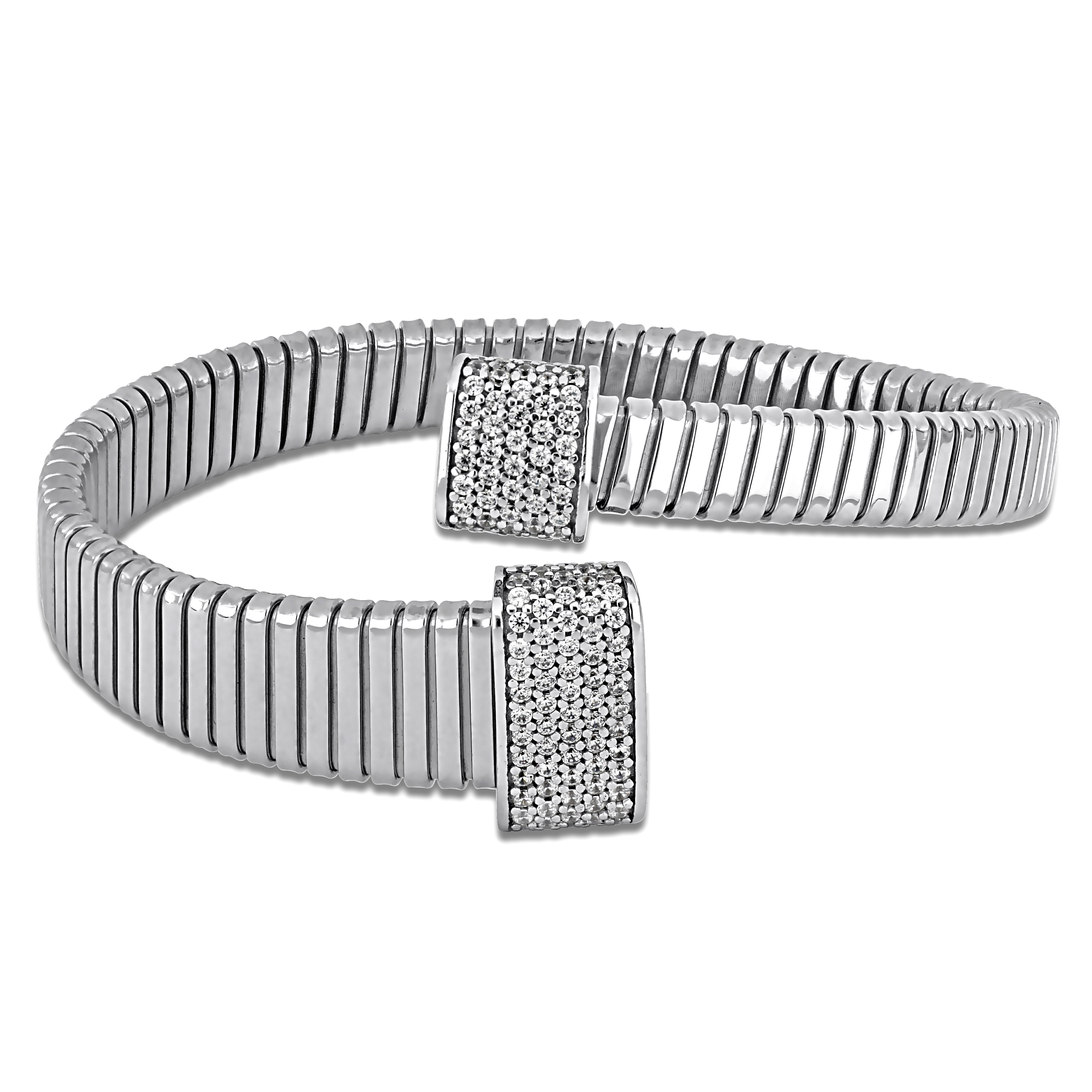 1 1/5ct TGW Cubic Zirconia Graduated Bypass Wrap Flat Omega Stretch Bangle in Two-Tone Sterling Silver