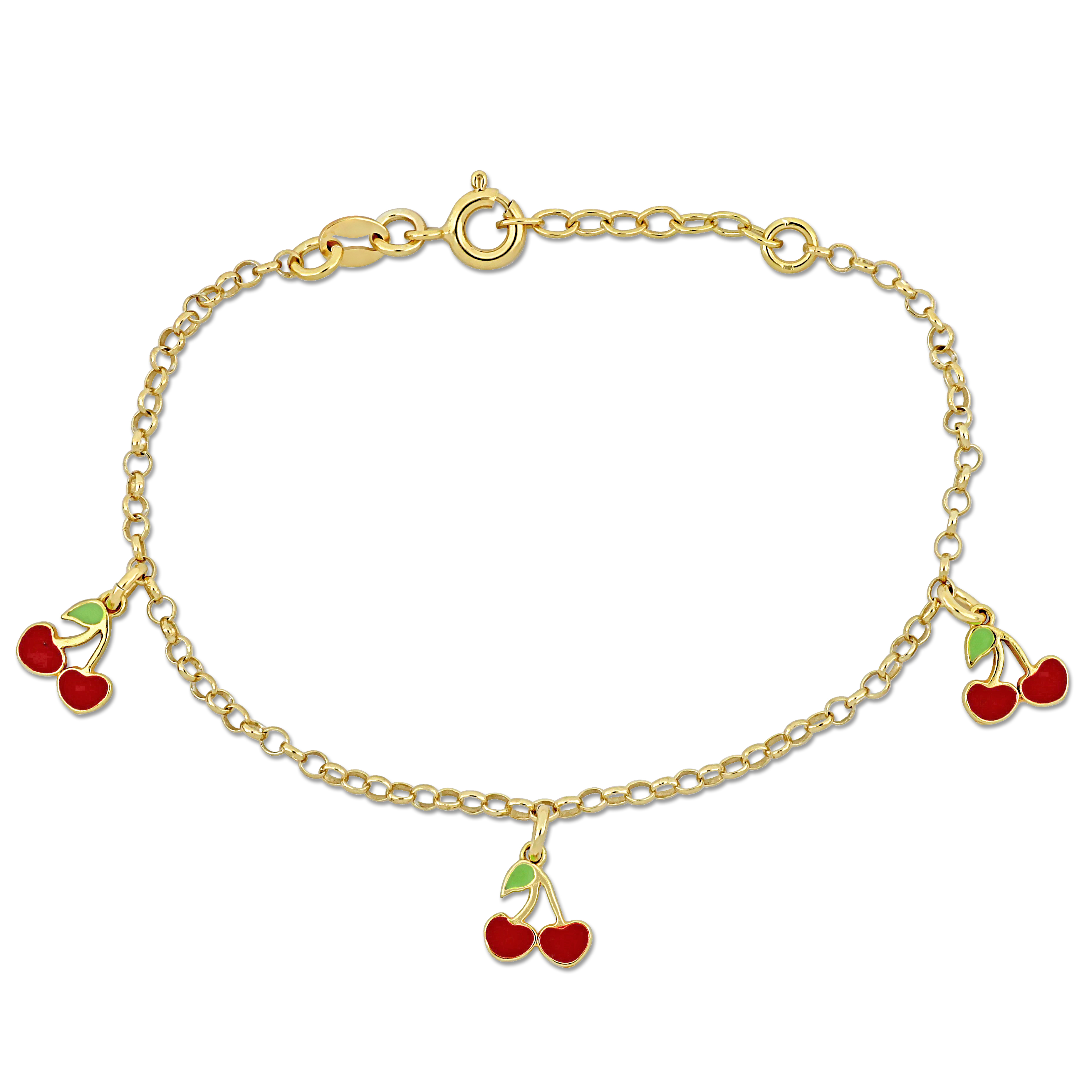 White and Red Enamel Cherry Charm Link Bracelet in Yellow Plated Sterling Silver - 6.5+1 in.