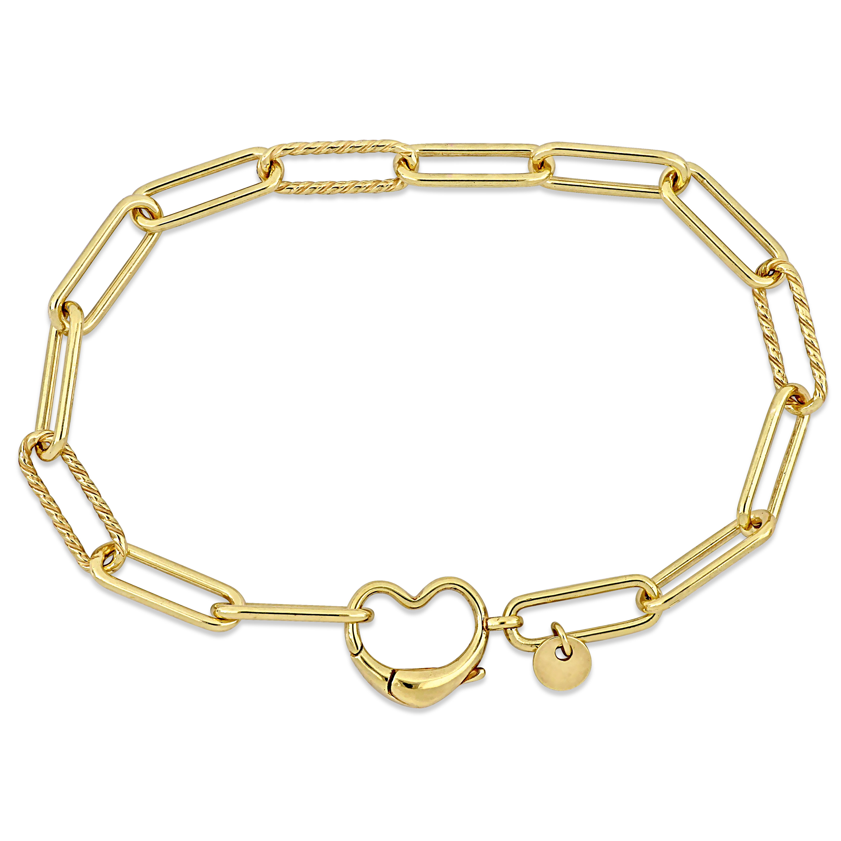 Heart Charm Paper Clip Link Bracelet in Yellow Plated Sterling Silver - 7 in.