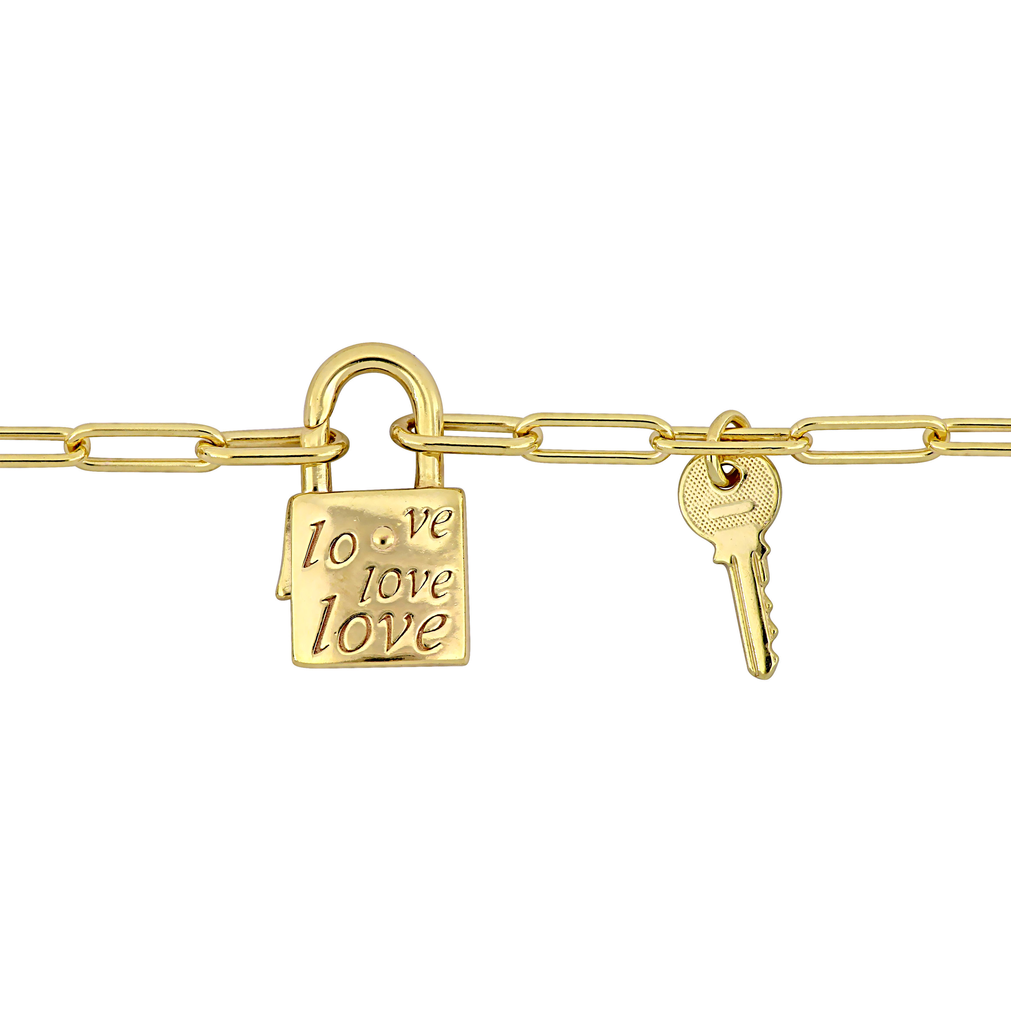 Lock and Key Charm Paper Clip Bracelet in Yellow Plated Sterling Silver - 7.5 in.