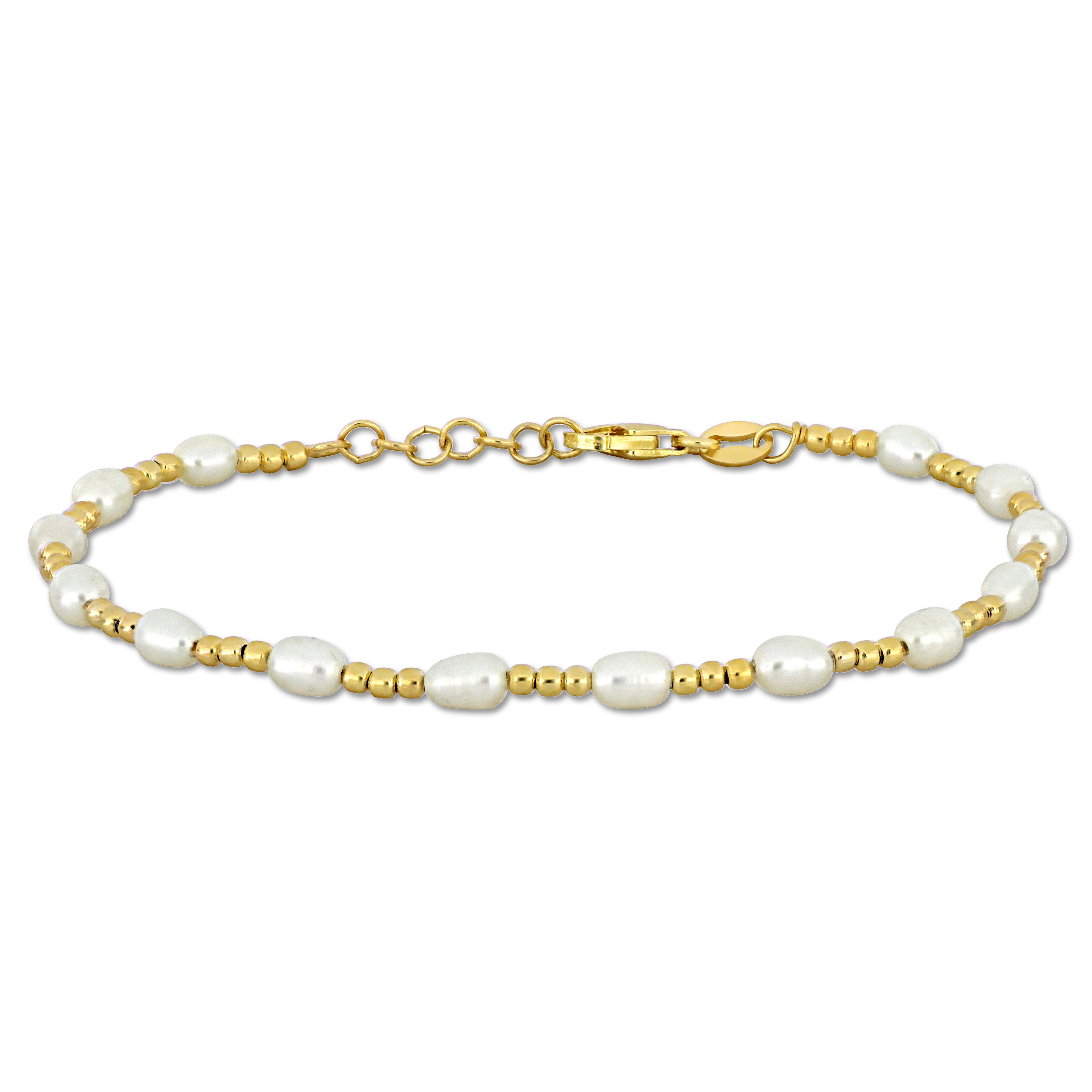 3.5-5 MM Cultured Freshwater Pearl and Bead Station Bracelet in Yellow Plated Sterling Silver