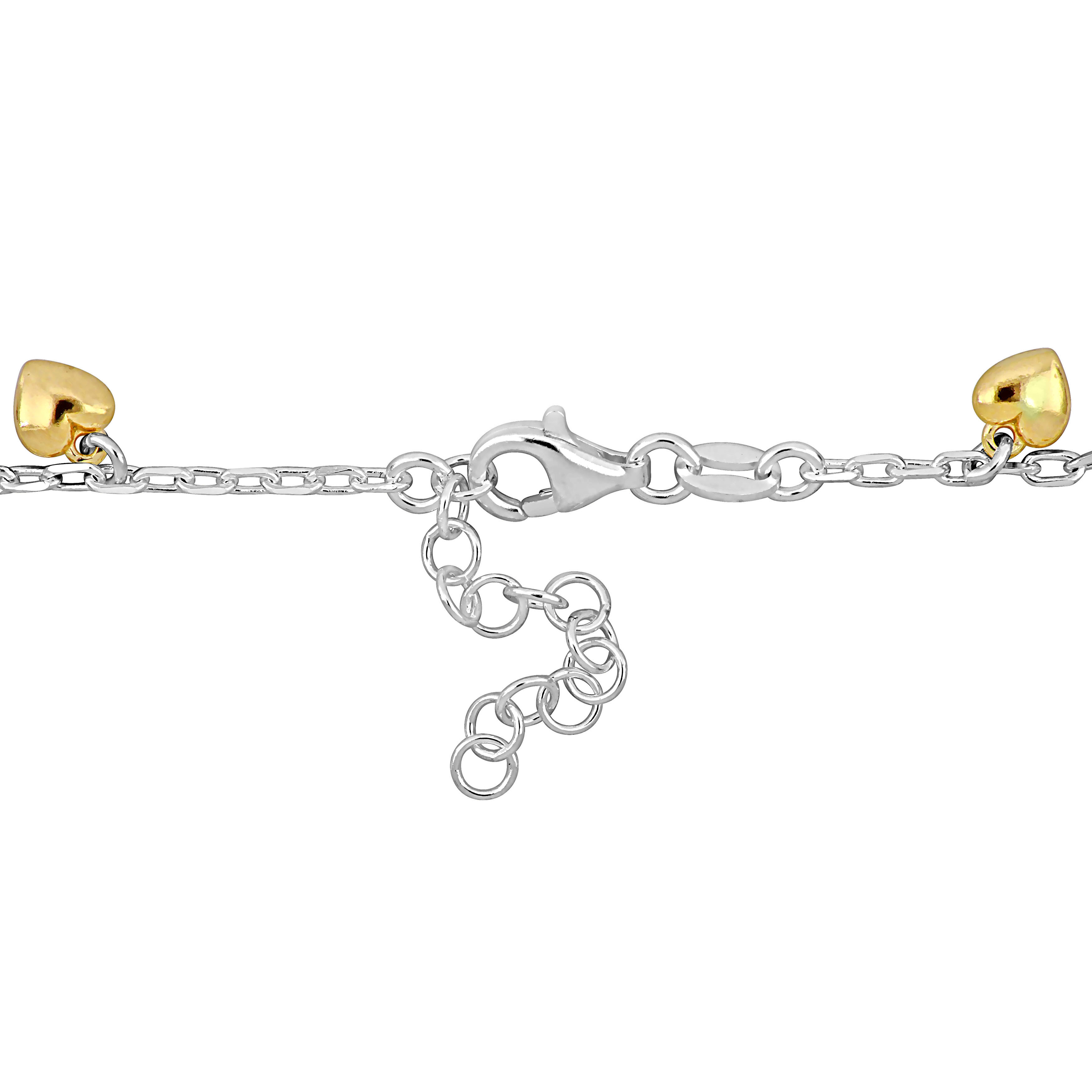 Heart Charm Station Bracelet on 1.8mm Diamond Cut Cable Chain in Two-Sterling Silver - 6.5+1 in.