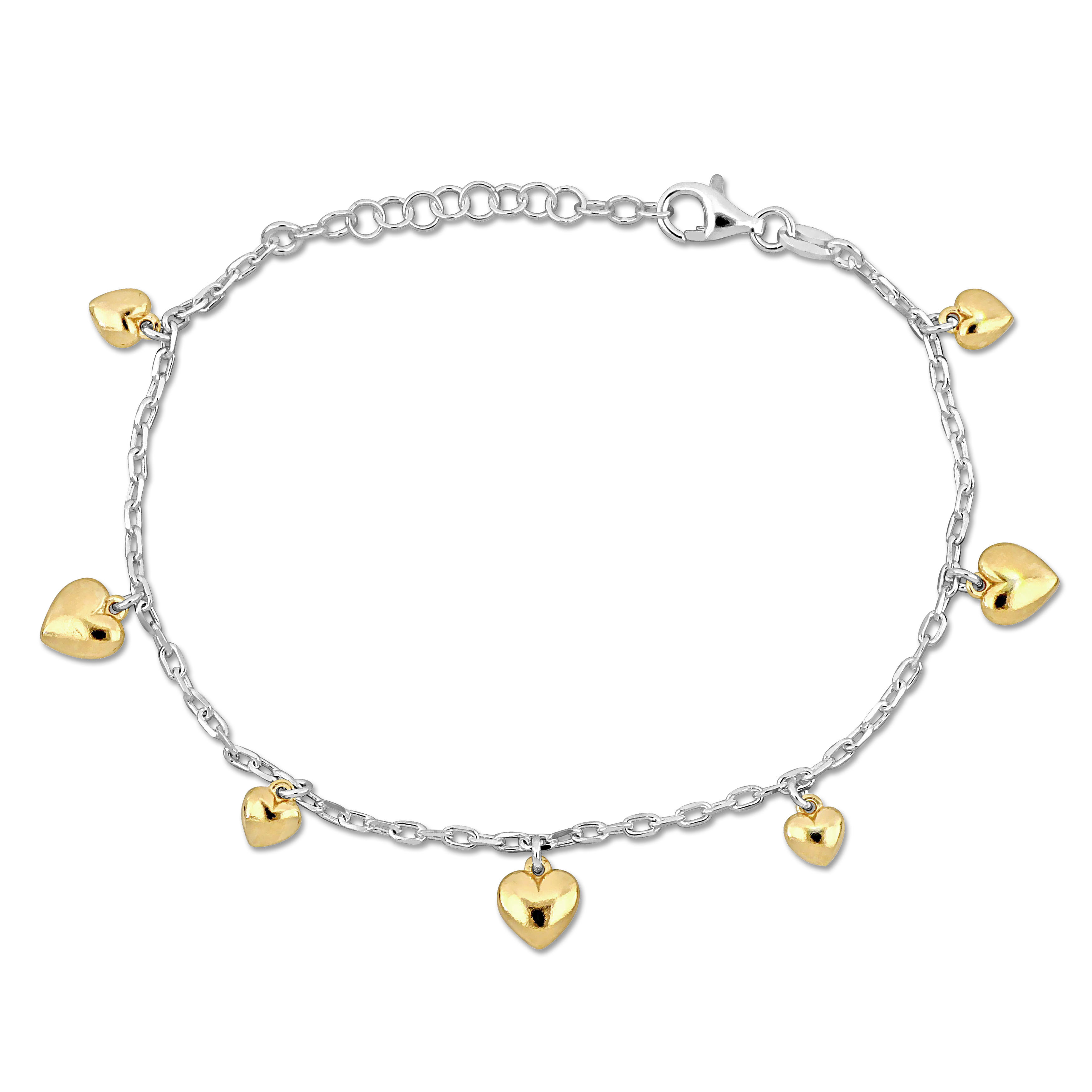 Heart Charm Station Bracelet on 1.8mm Diamond Cut Cable Chain in Two-Sterling Silver - 6.5+1 in.