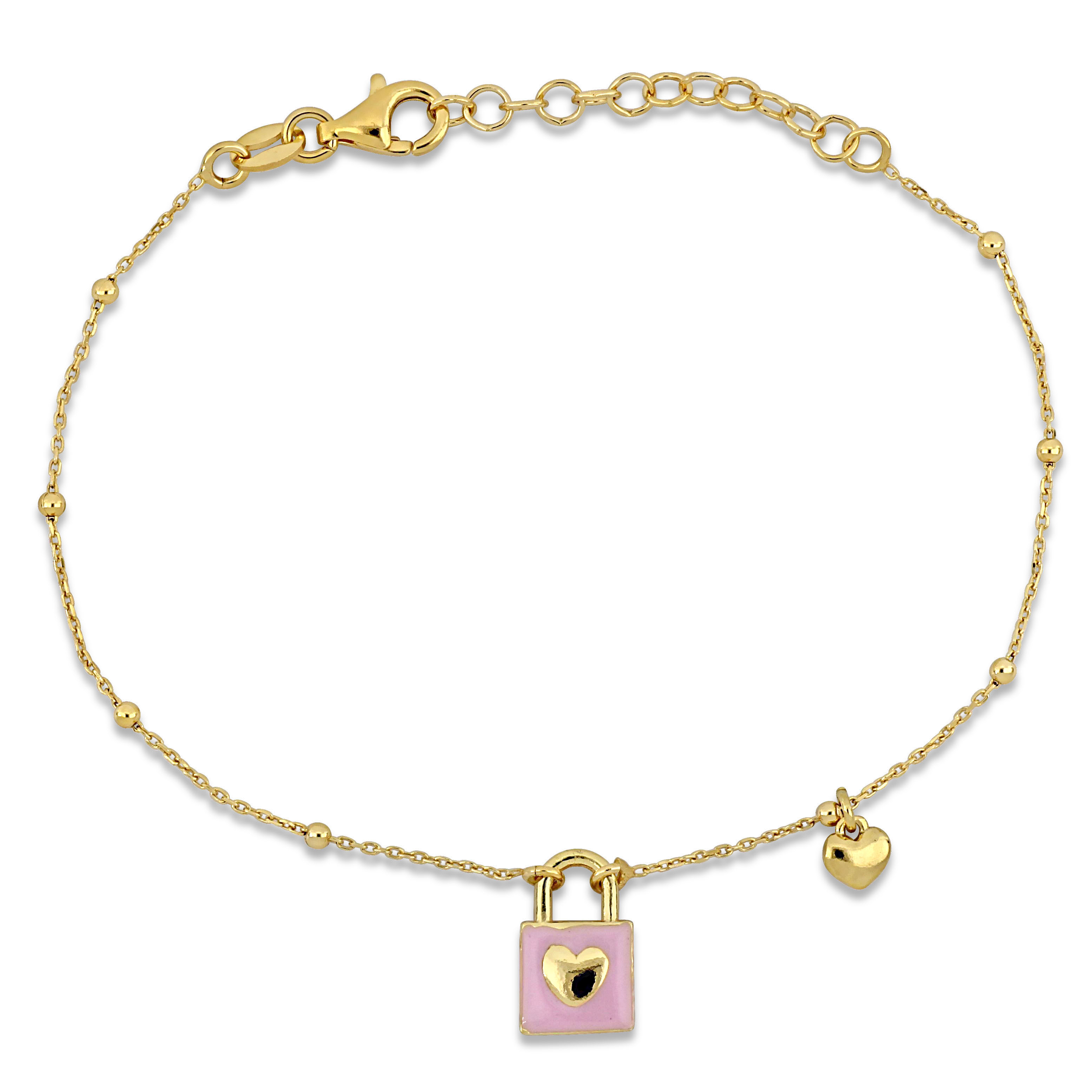 Pink Enamel Lock and Heart Charm Bracelet in Yellow Plated Sterling Silver- 7+1 in.
