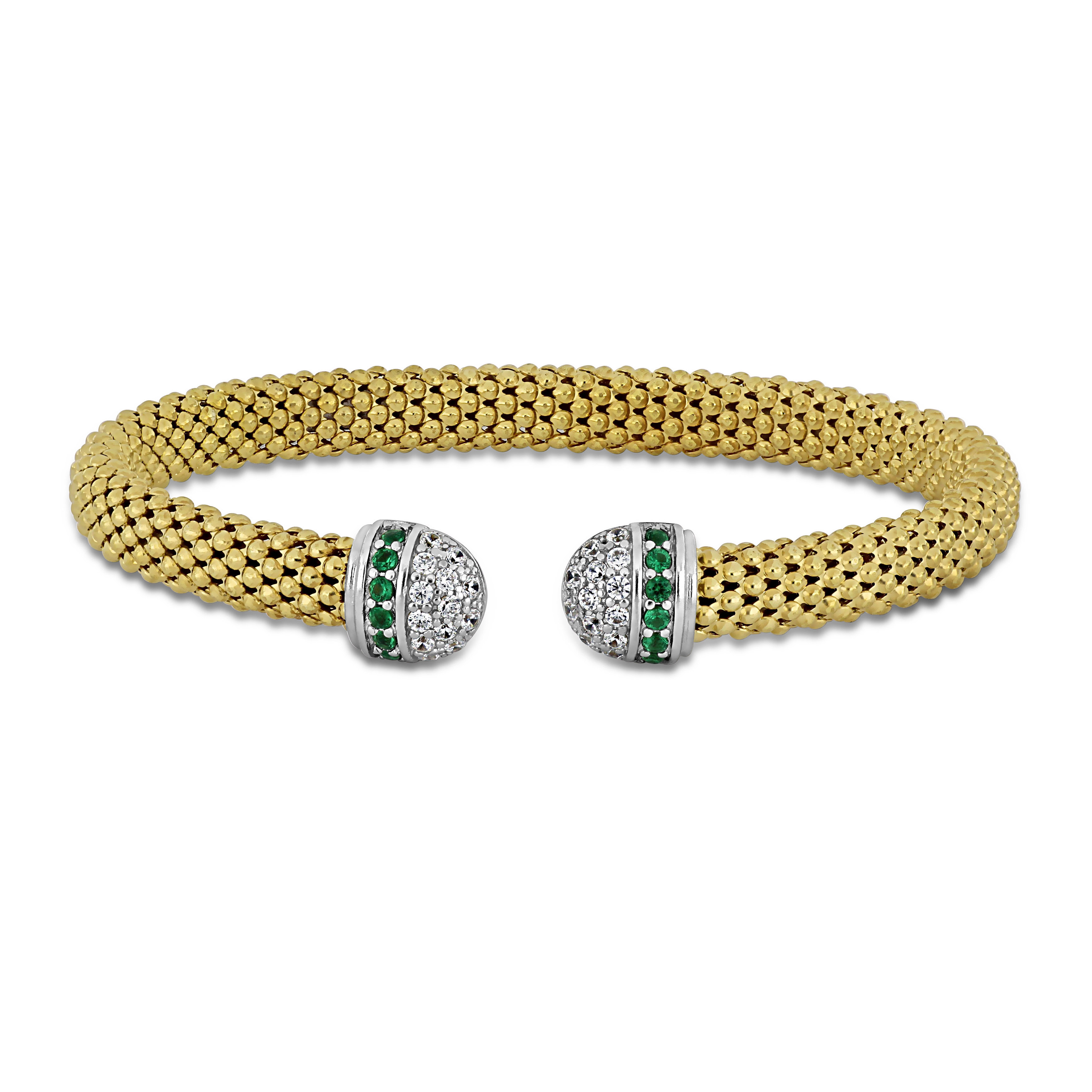 1/5ct TGW Cubic Zirconia and 10x8mm Malachite Omega Stretch Bangle in Yellow Plated Sterling Silver