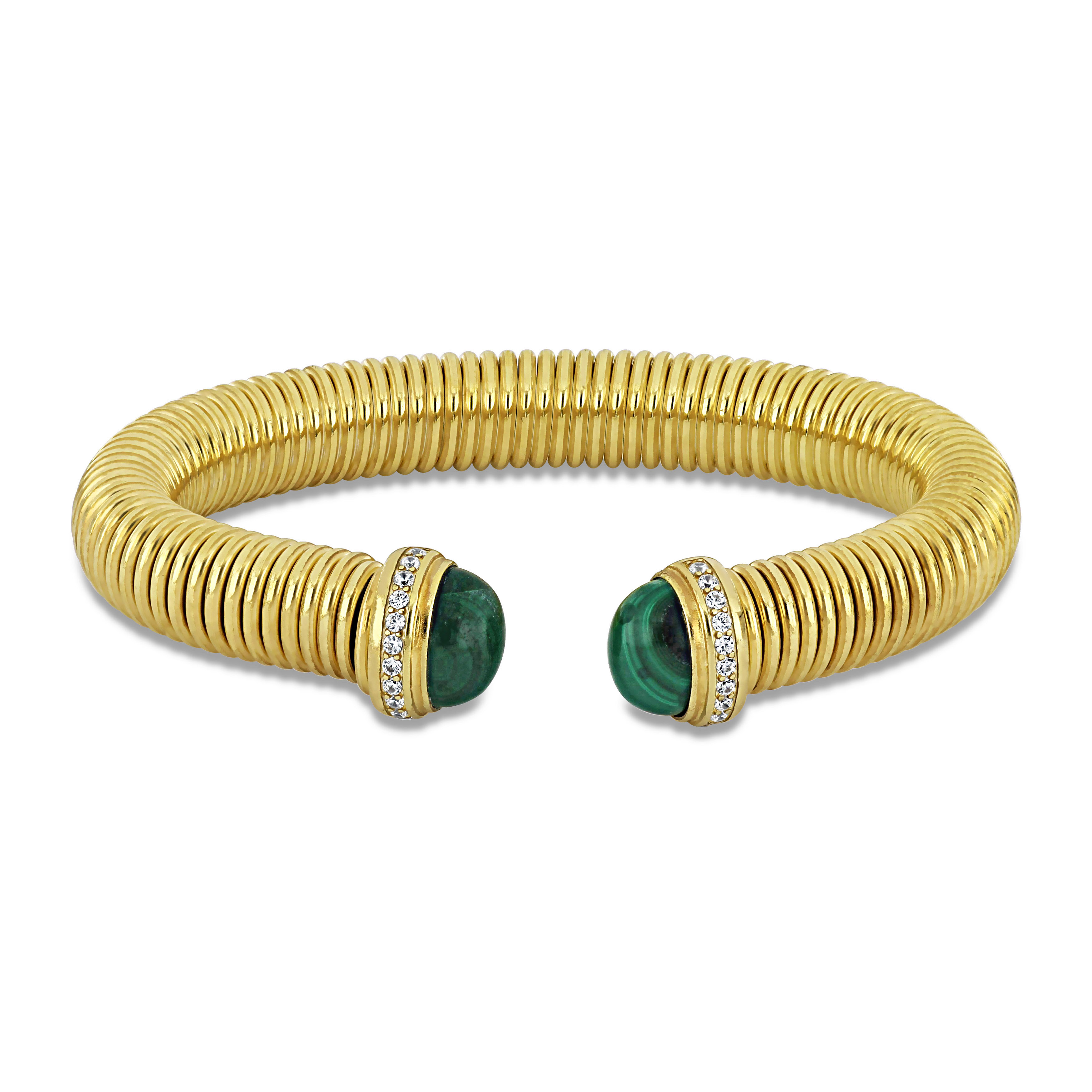 1/5ct TGW Cubic Zirconia and 5x11mm Half Moon Malachite Omega Stretch Bangle in Yellow Plated Sterling Silver