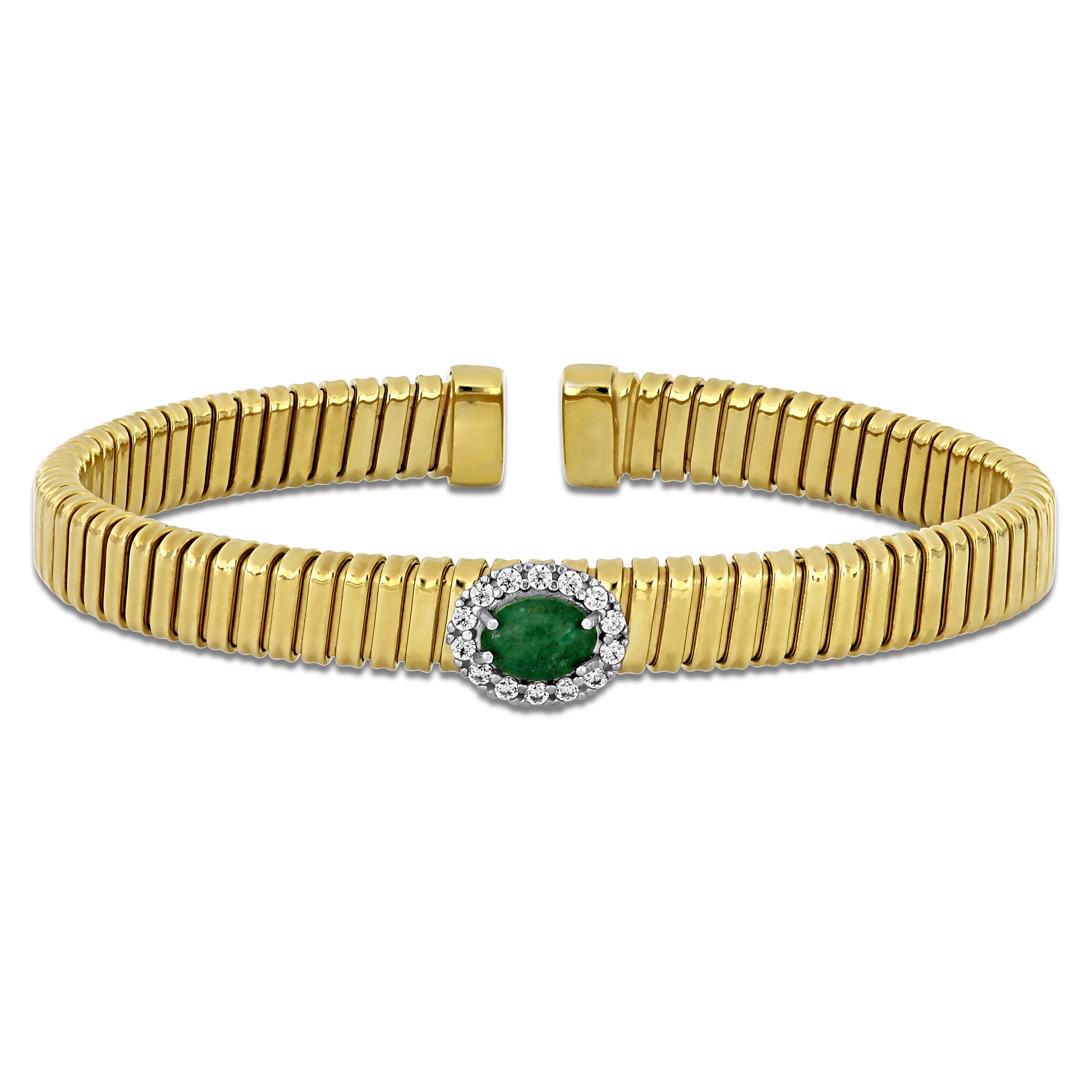 1/5ct TGW Cubic Zirconia and 12x11mm Tiger Eye Omega Stretch Bangle in Yellow Plated Sterling Silver