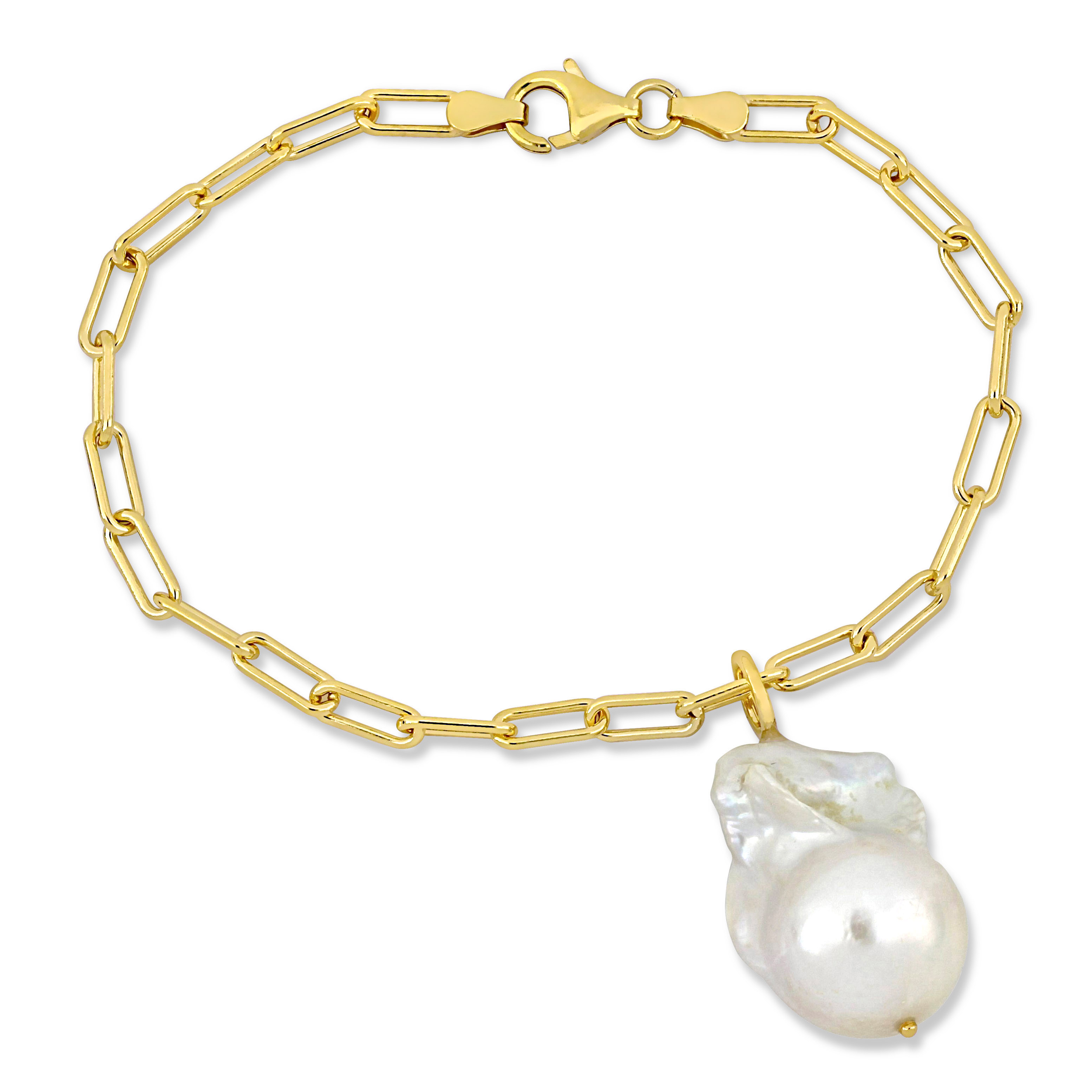13-14mm Freshwater Cultured Pearl 3.5mm Paperclip Link Bracelet in 18K Yellow Gold Plated Sterling Silver