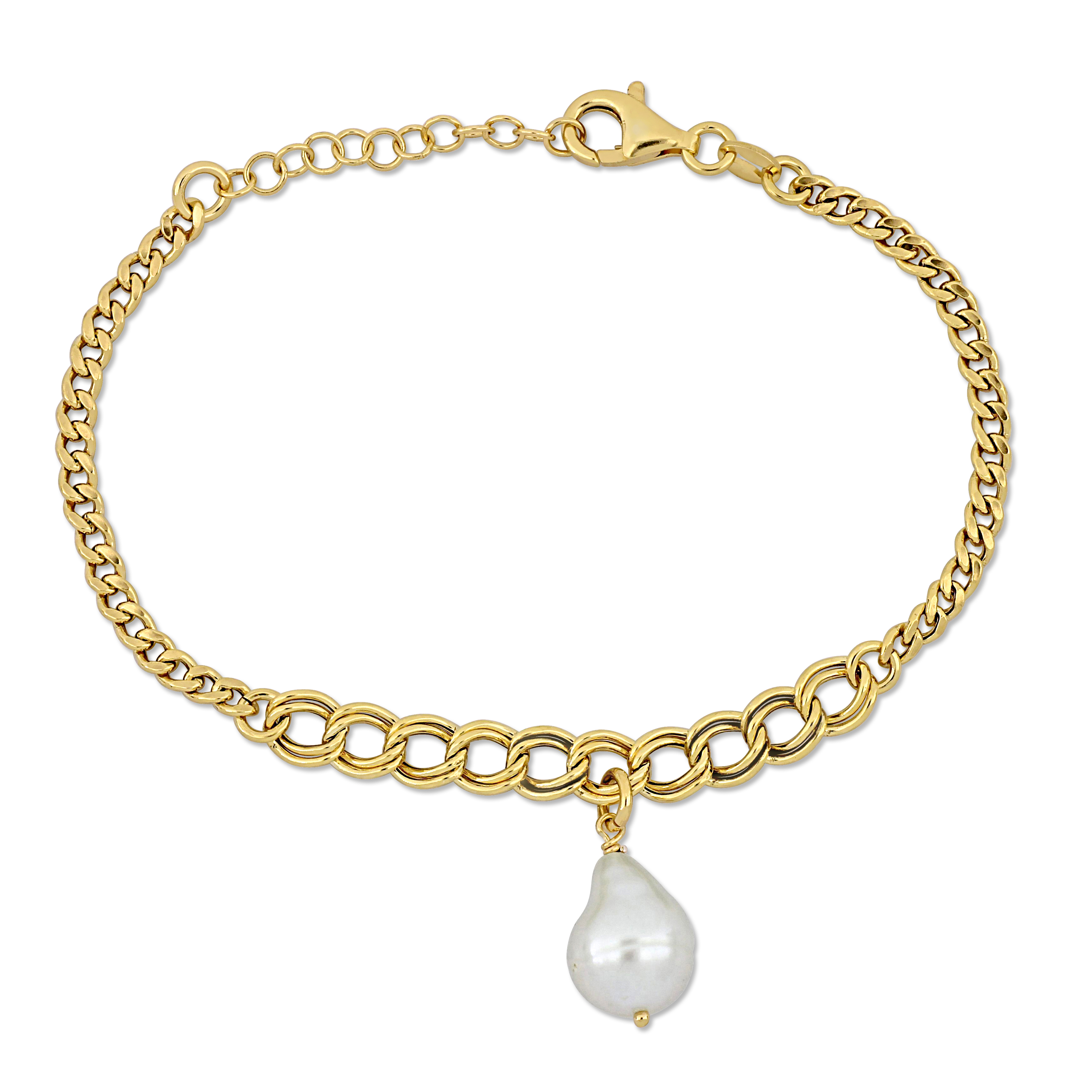 9mm Cultured Freshwater Natural Shape Pearl Bracelet with Graduating Link Chain in Yellow Plated Sterling Silver