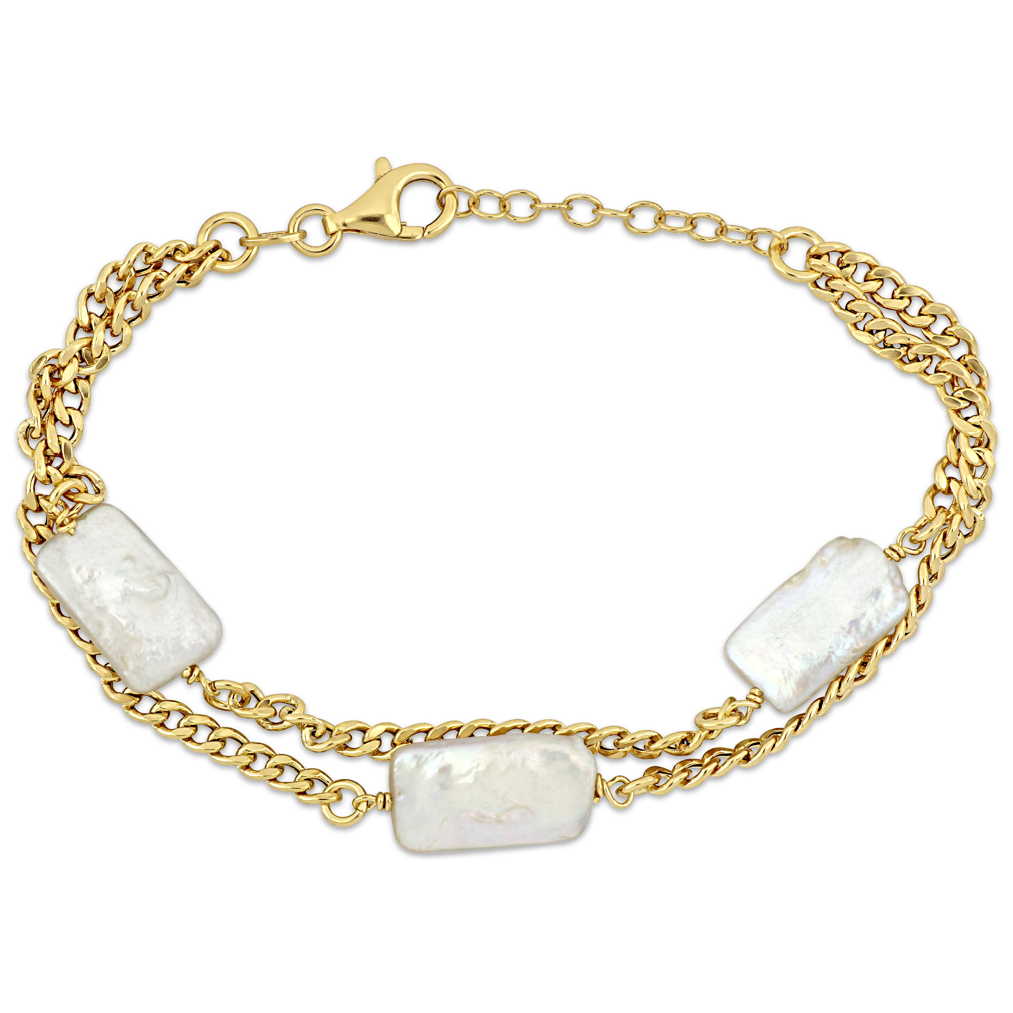 10x15.5mm Cultured Freshwater Rectangular Pearl Double Row Bracelet with Curb Chain in Yellow Plated Sterling Silver