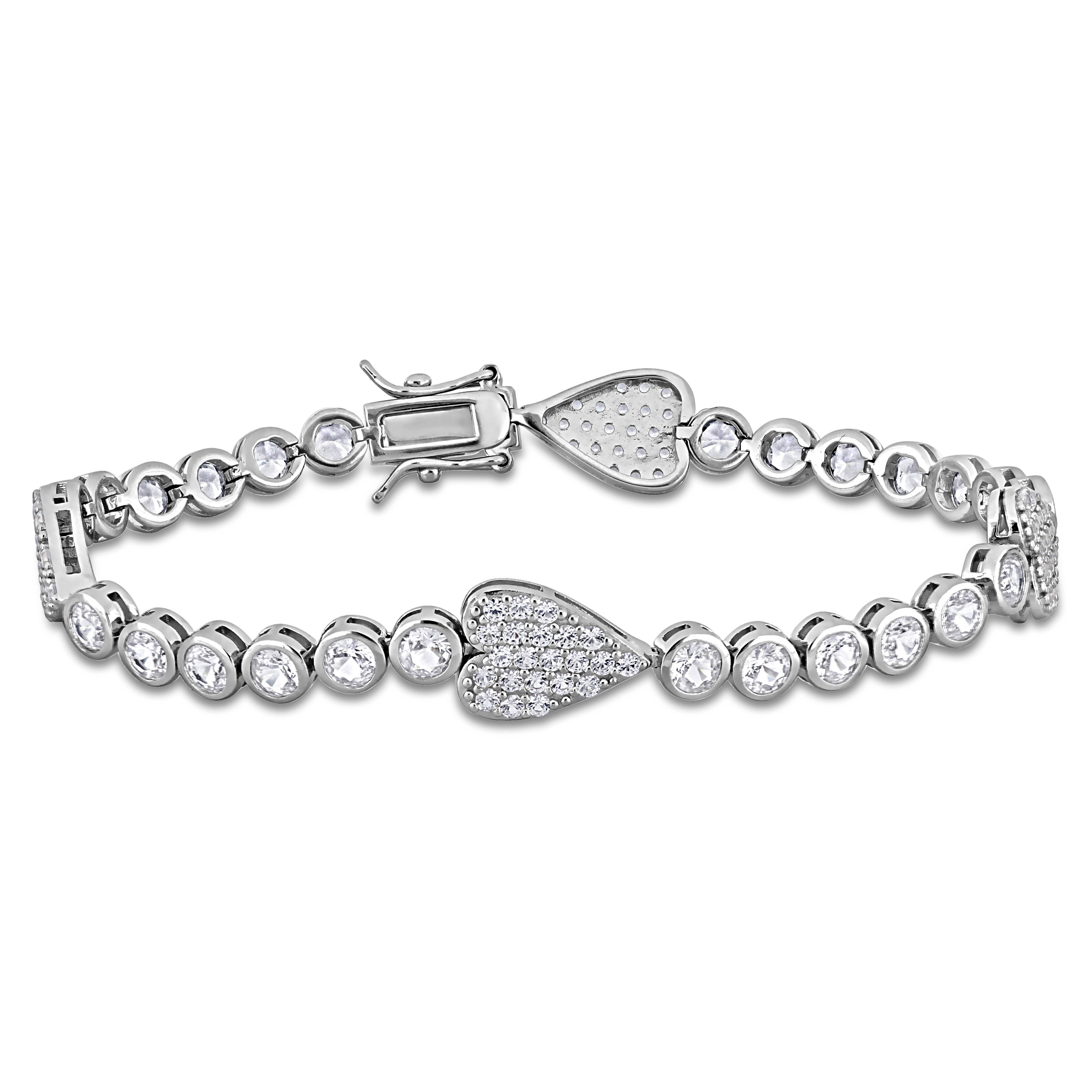 9 1/2 CT TGW Created White Sapphire Heart Station Bracelet in Sterling Silver