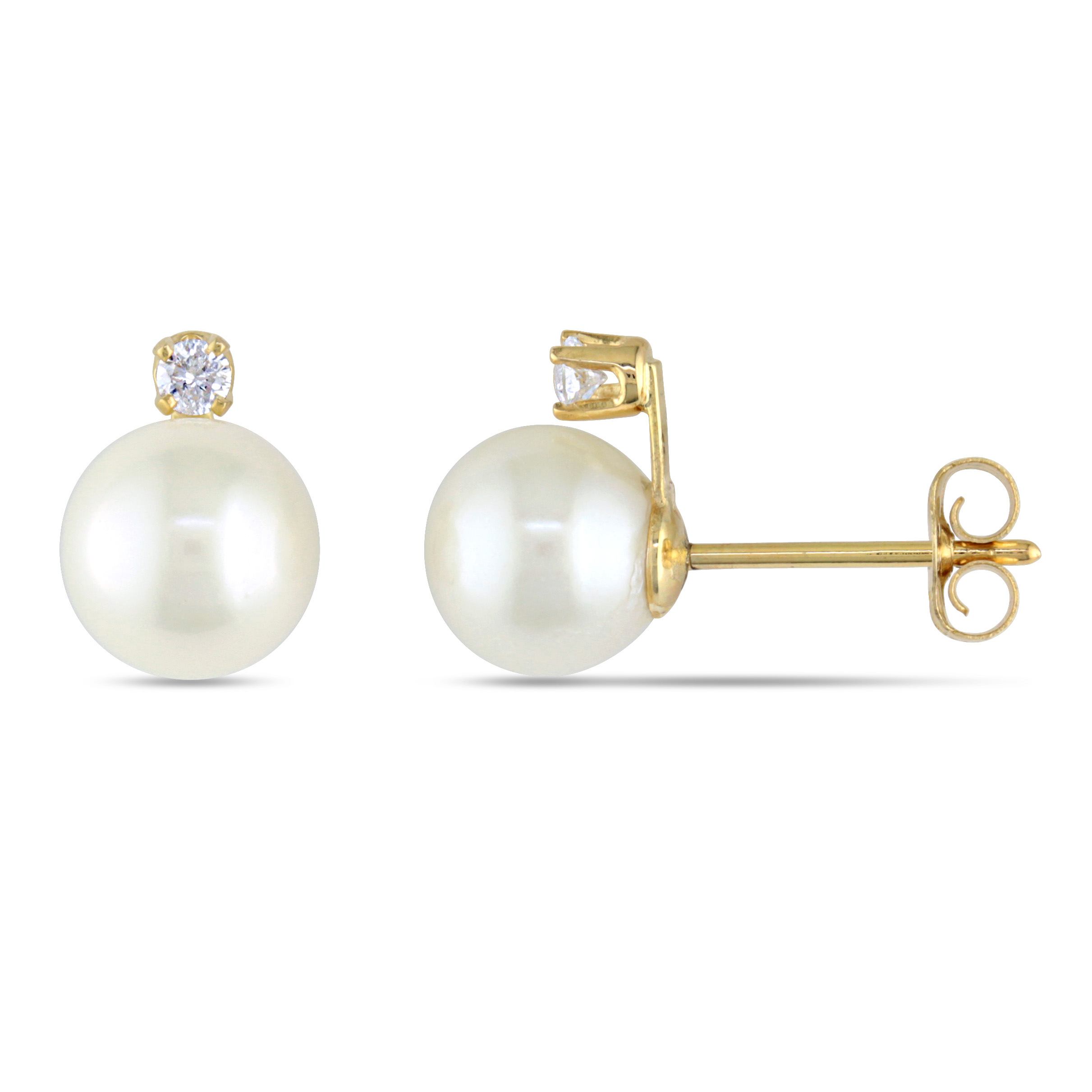 6.5 - 7 MM Cultured Freshwater Pearl and Diamond Stud Earrings in 14k Yellow Gold