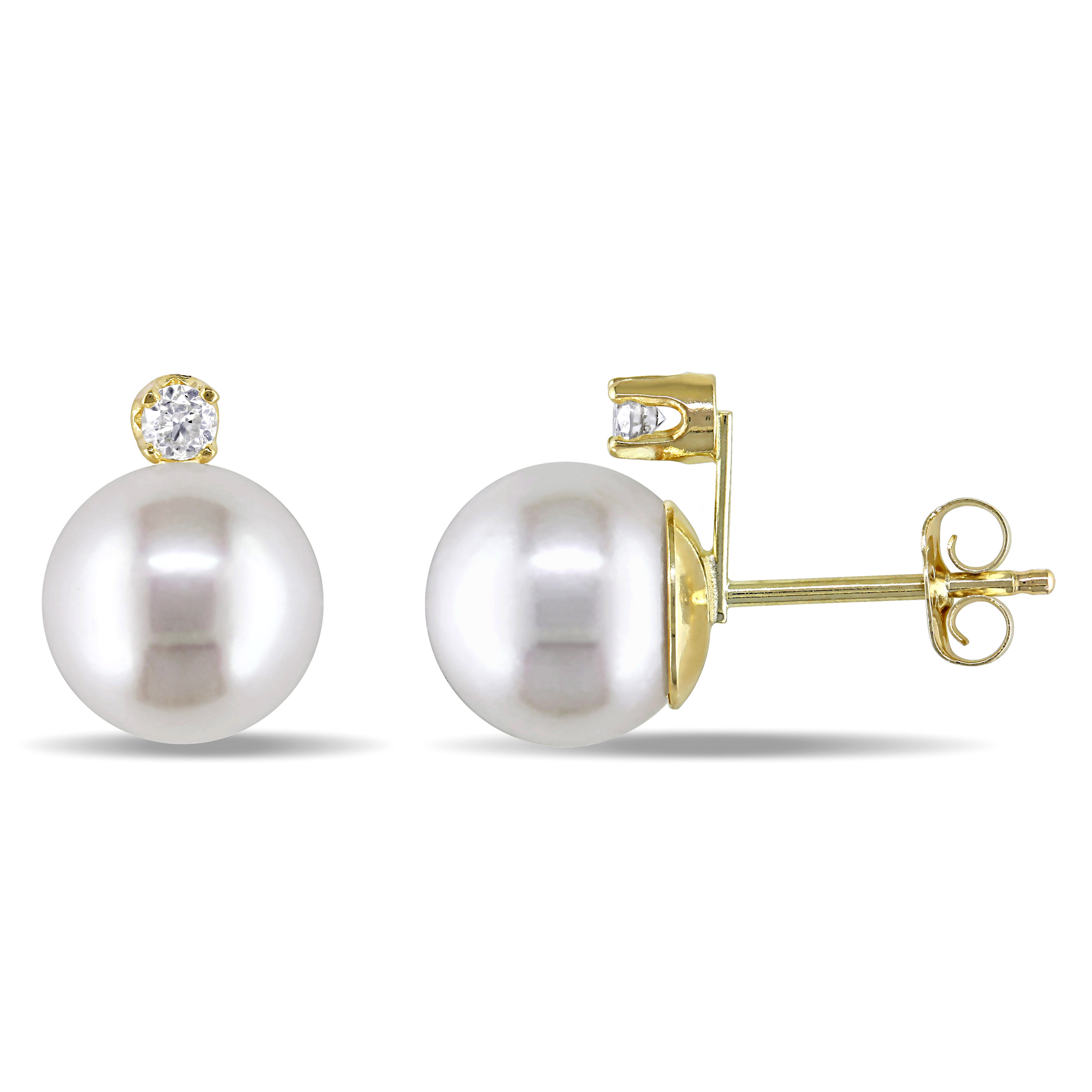8 - 9 MM Cultured Freshwater Pearl and 1/10 CT TW Diamond Stud Earrings in 14k Yellow Gold