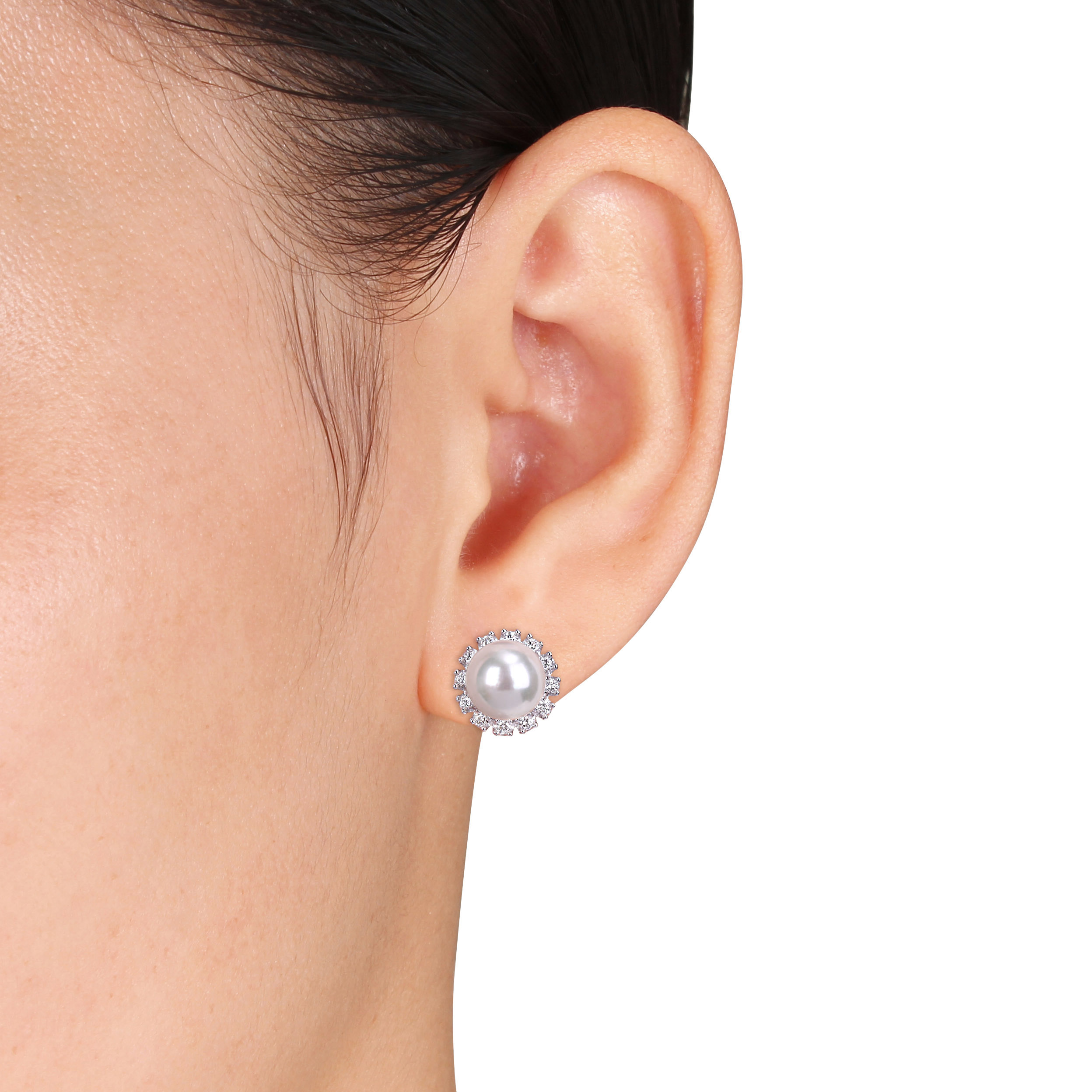 3/8 CT TW Diamond and 8 - 8.5 MM White Japanese Akoya Pearl Flower Stud Earrings in 14k White Gold